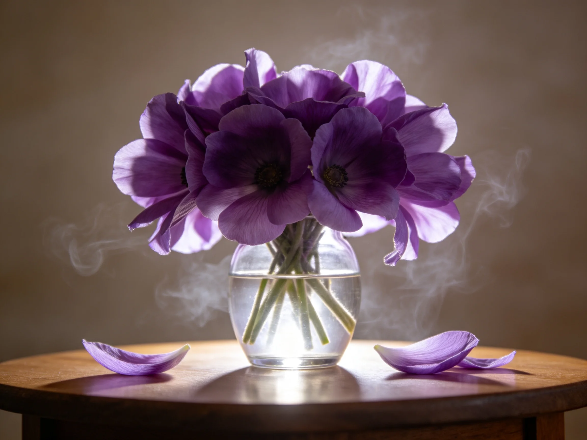 Purple flowers arranged in a glass vase with scattered petals