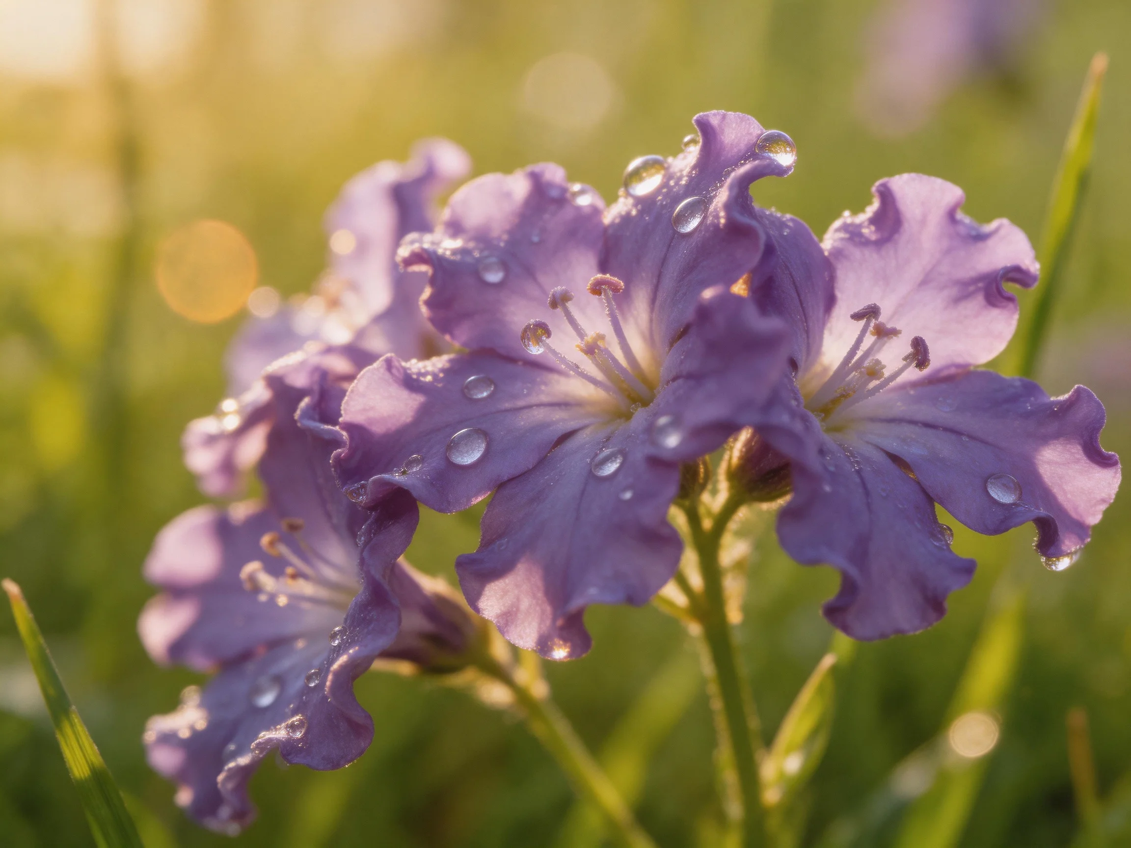 Purple flowers with dewdrops in a sun-drenched meadow