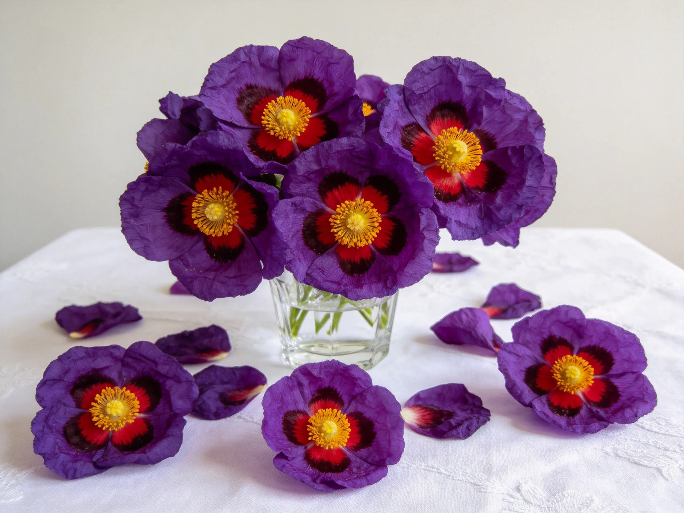 Purple flowers with red centers in a glass vase, petals scattered