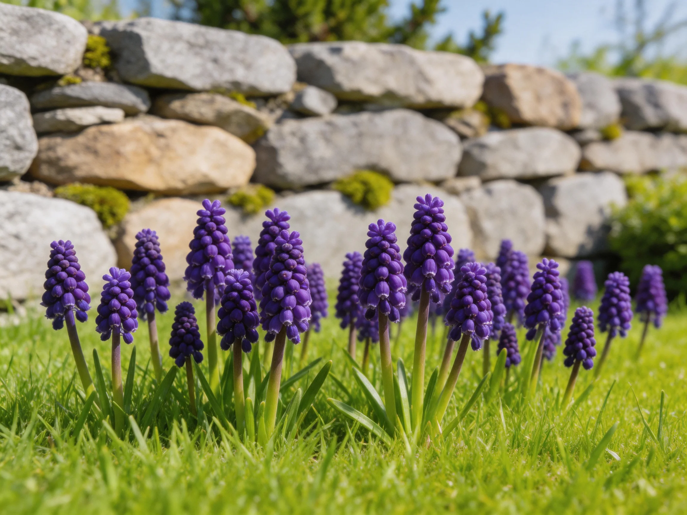 Purple grape hyacinths bloom near a weathered stone wall