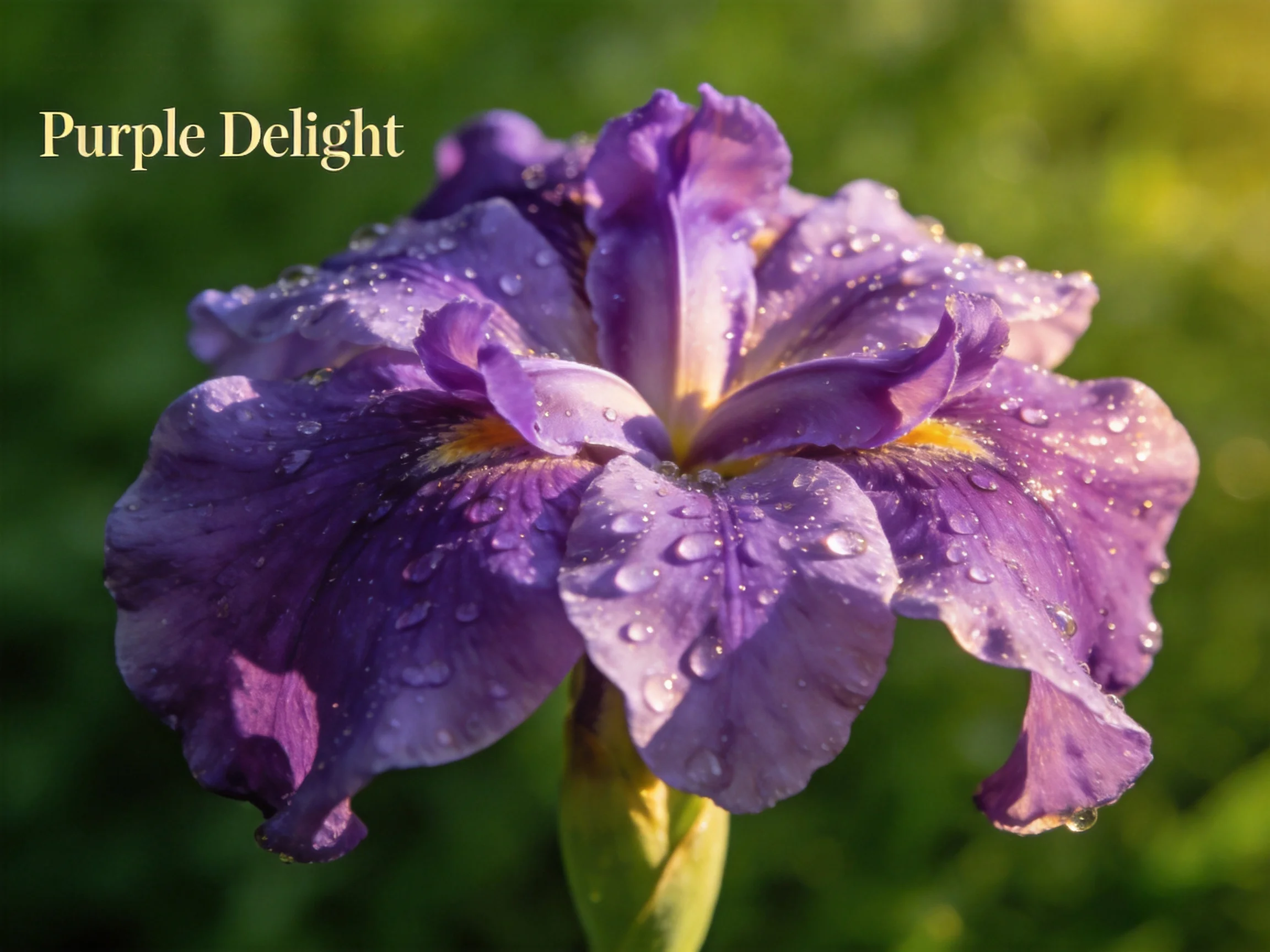Purple iris blooming with dewdrops, lit by sunlight