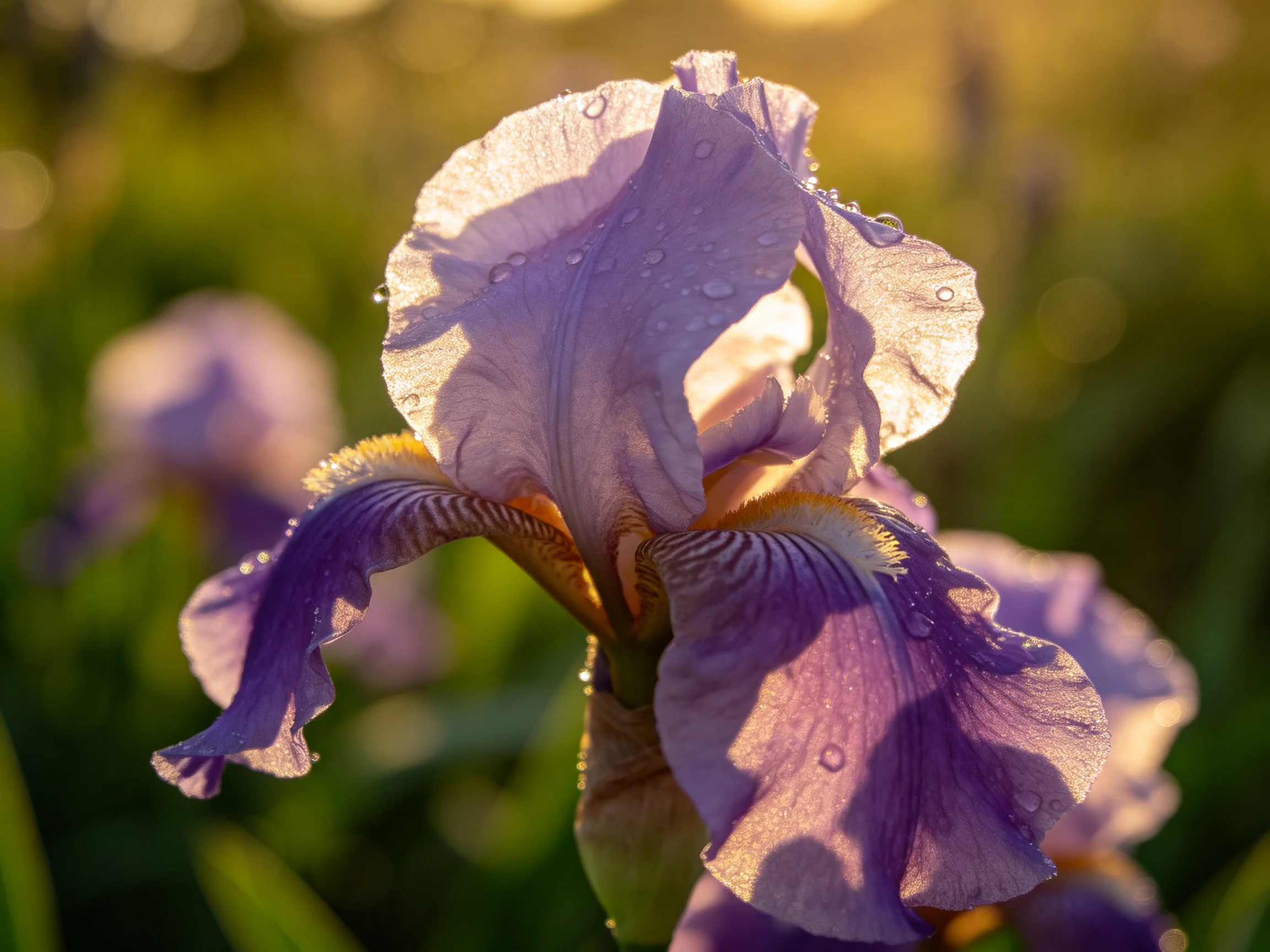 Purple iris blooms with dewdrops in soft golden light