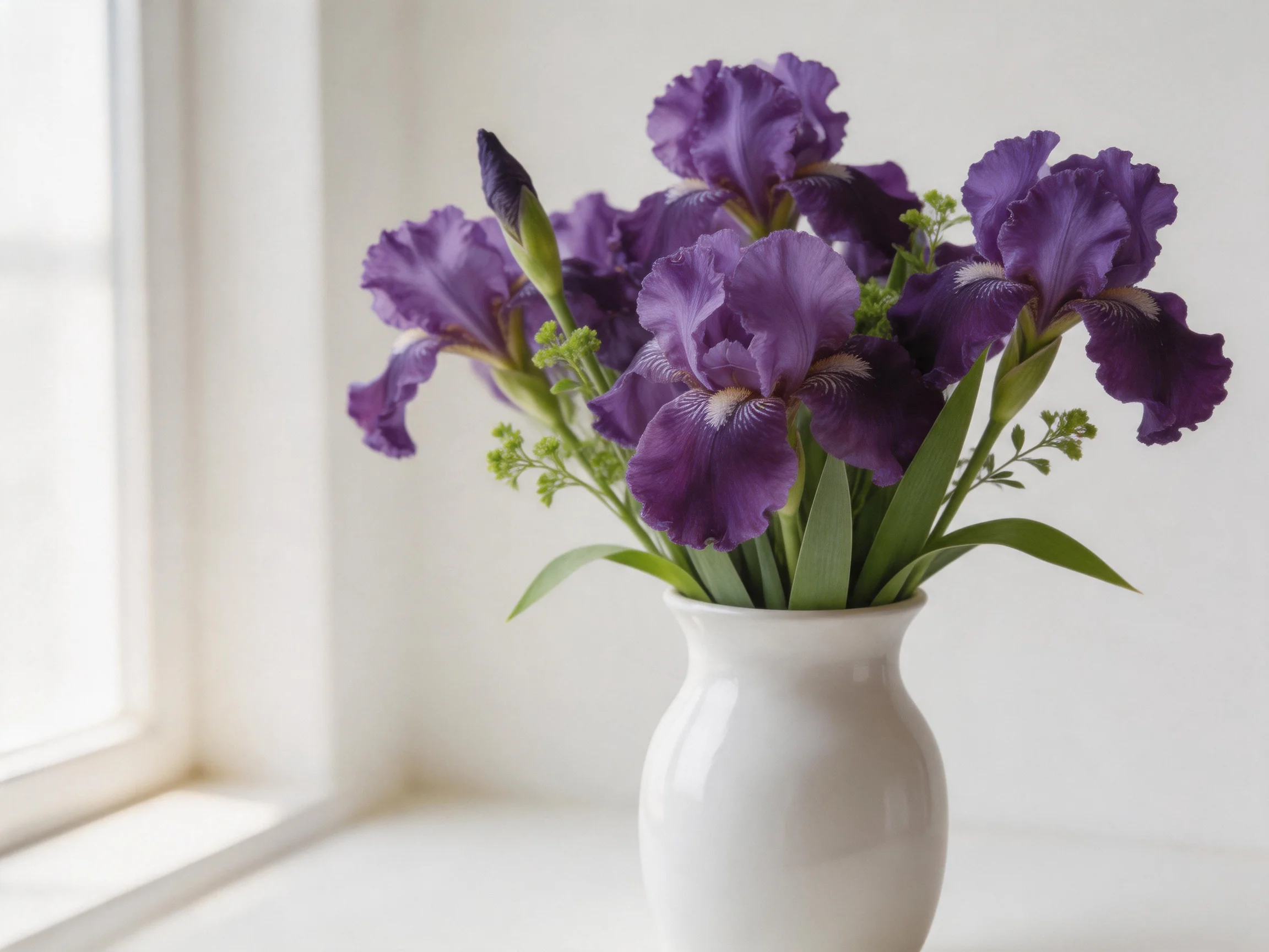 Purple iris flowers arranged in a white ceramic vase by a sunlit window