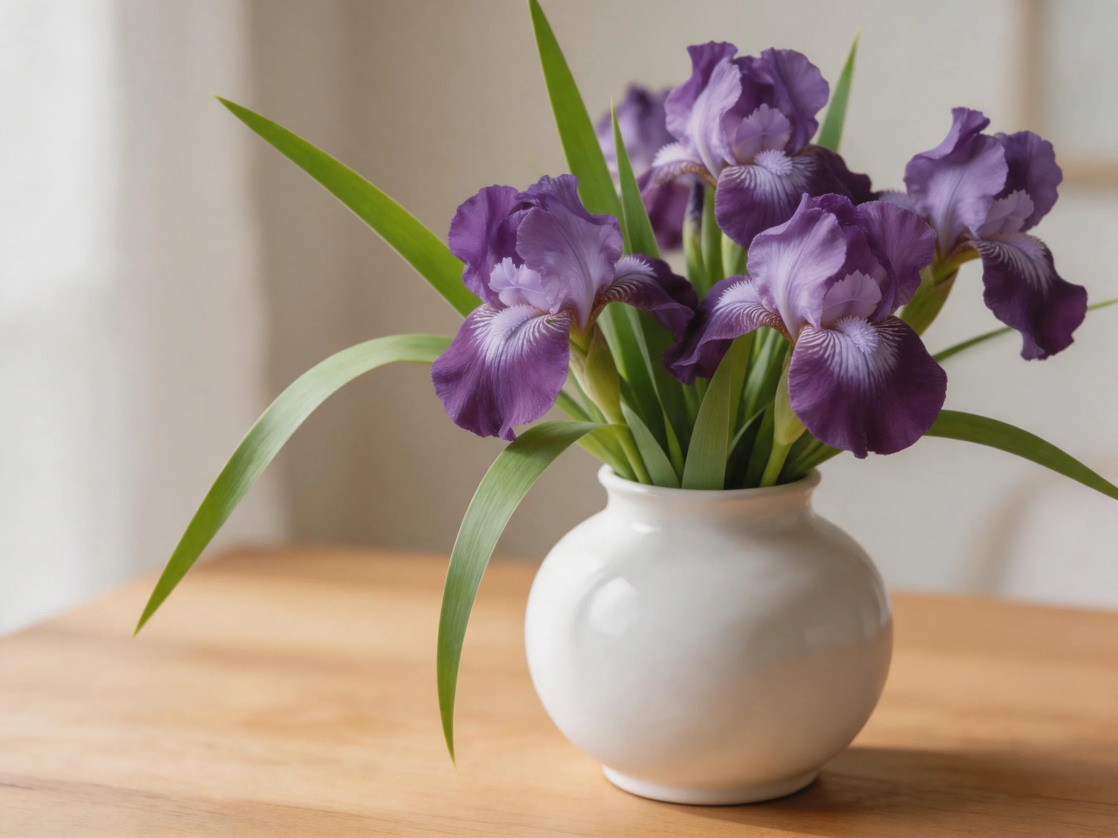 Purple iris flowers arranged in a white ceramic vase on a wooden table