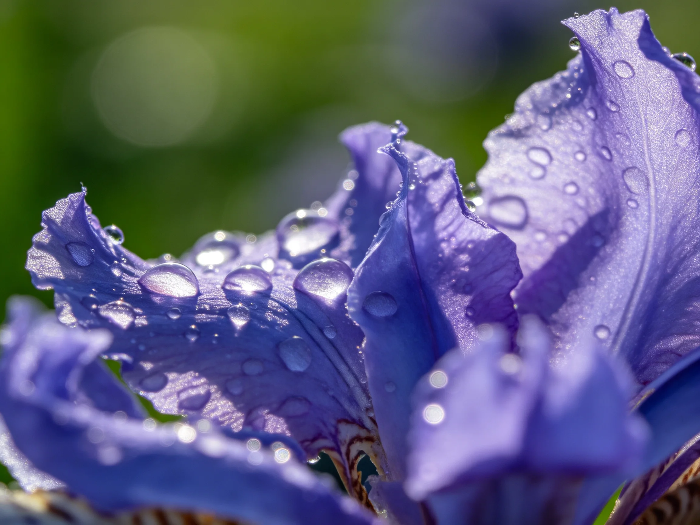 Purple iris petals with glistening dewdrops against blurred green backdrop