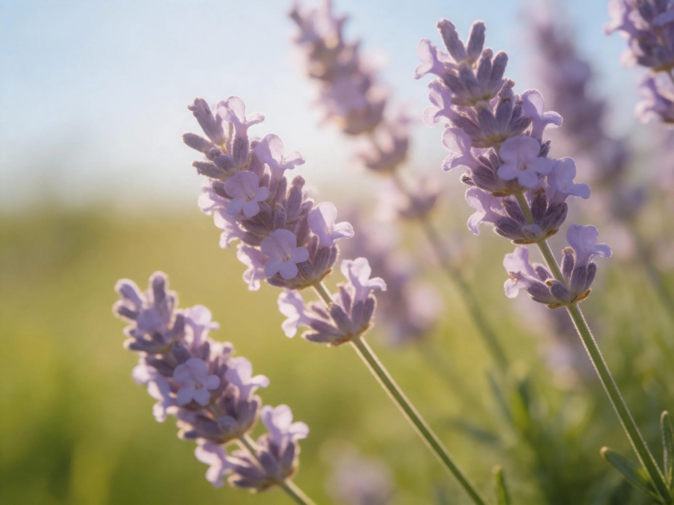 Purple lavender blooms sway in a sunlit field with soft focus