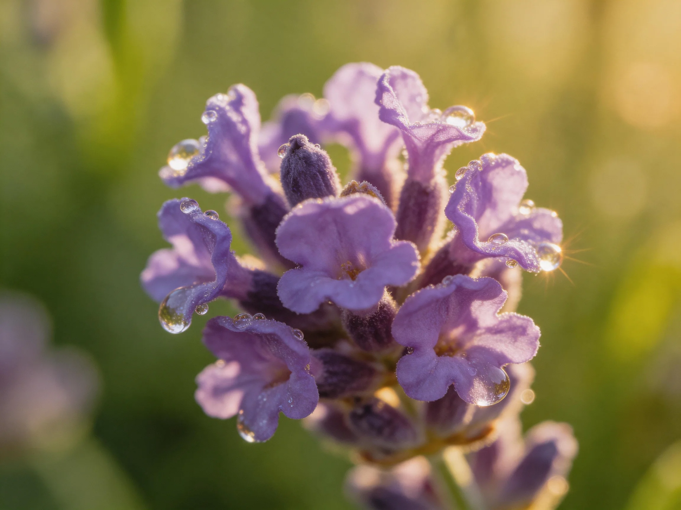 Purple lavender blooms with glistening dewdrops under warm sunlight