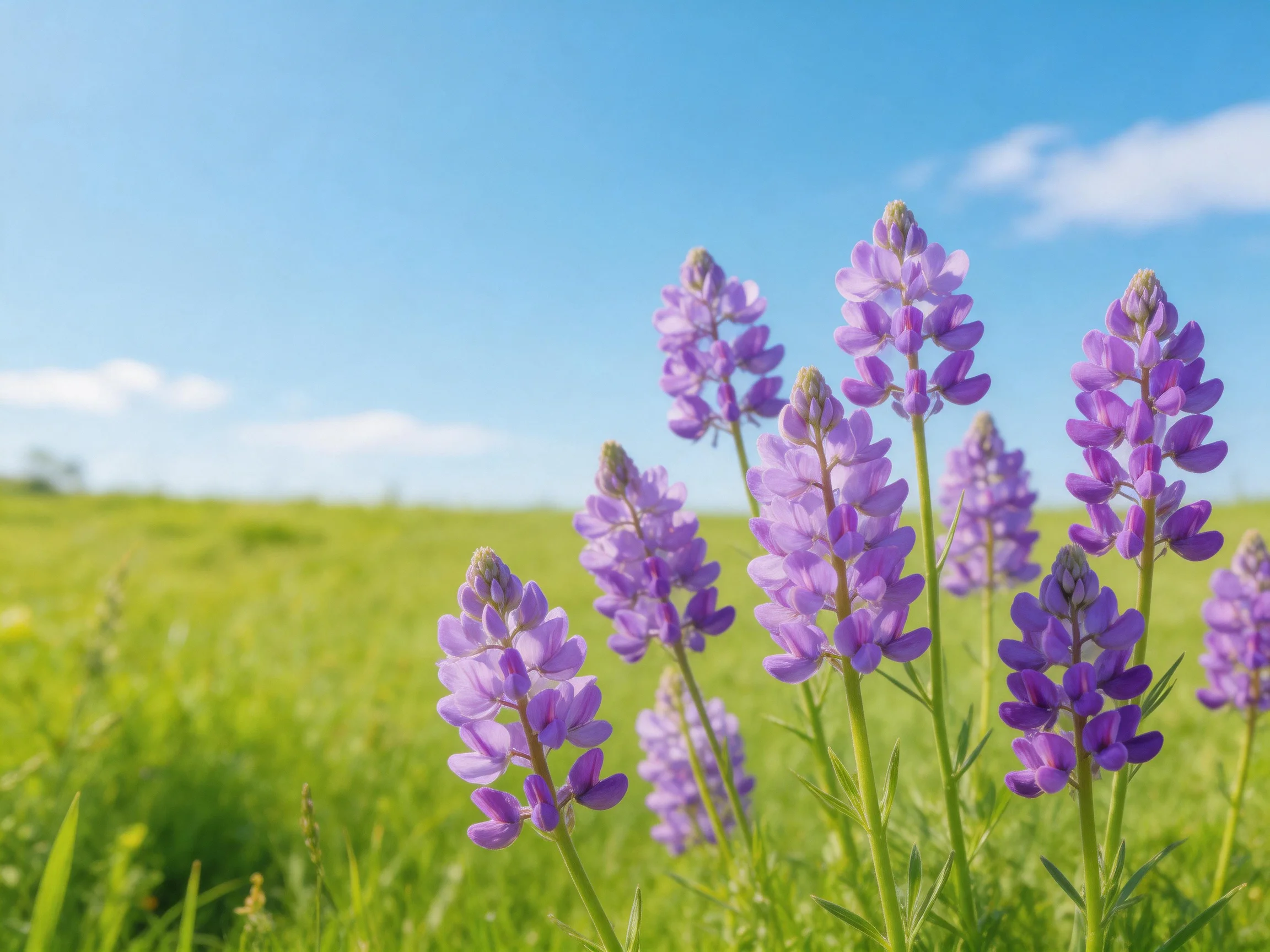 Purple lupine flowers bloom in a sun-drenched green meadow