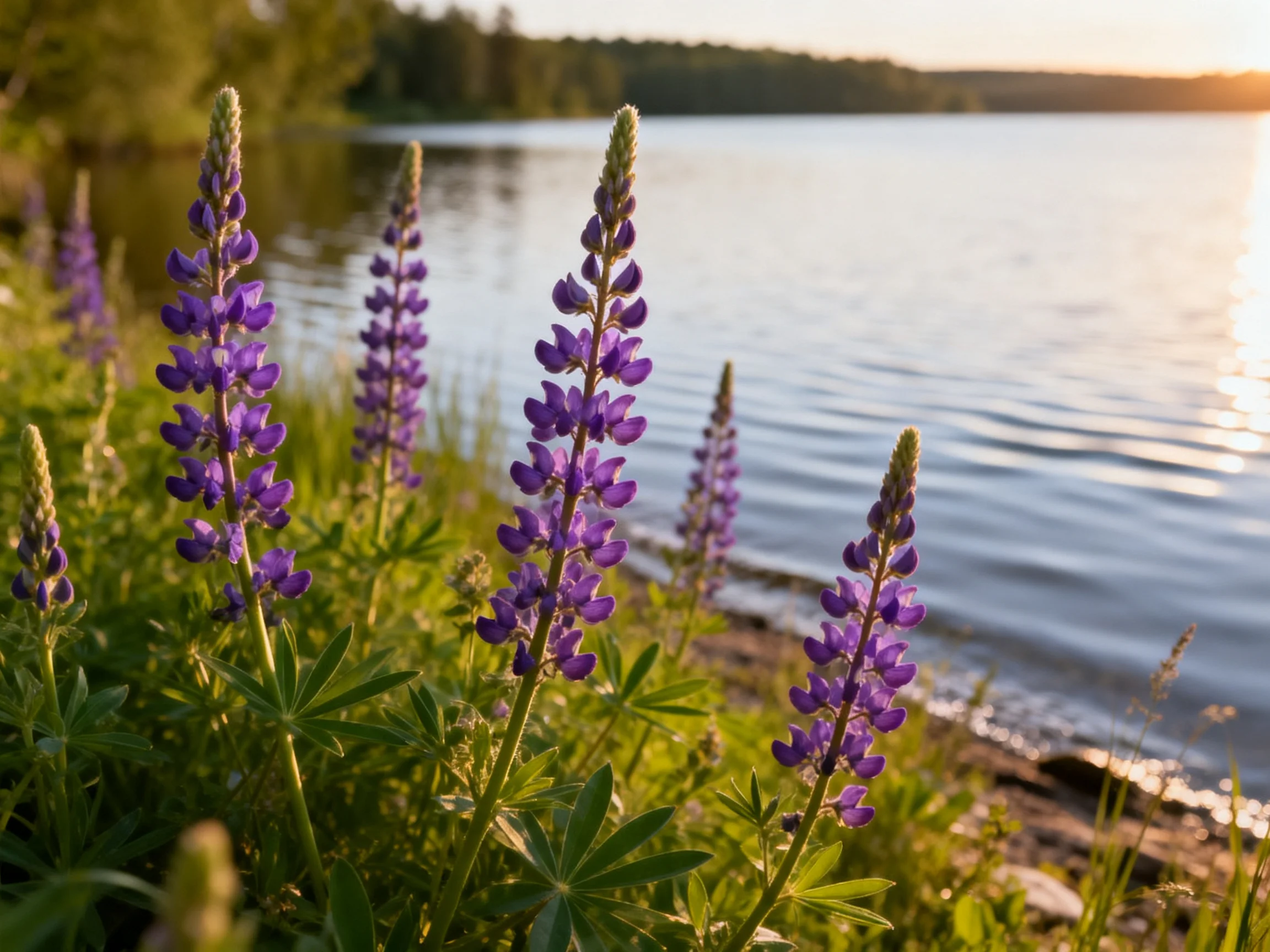 Purple lupines bloom near a calm lakeshore at sunset