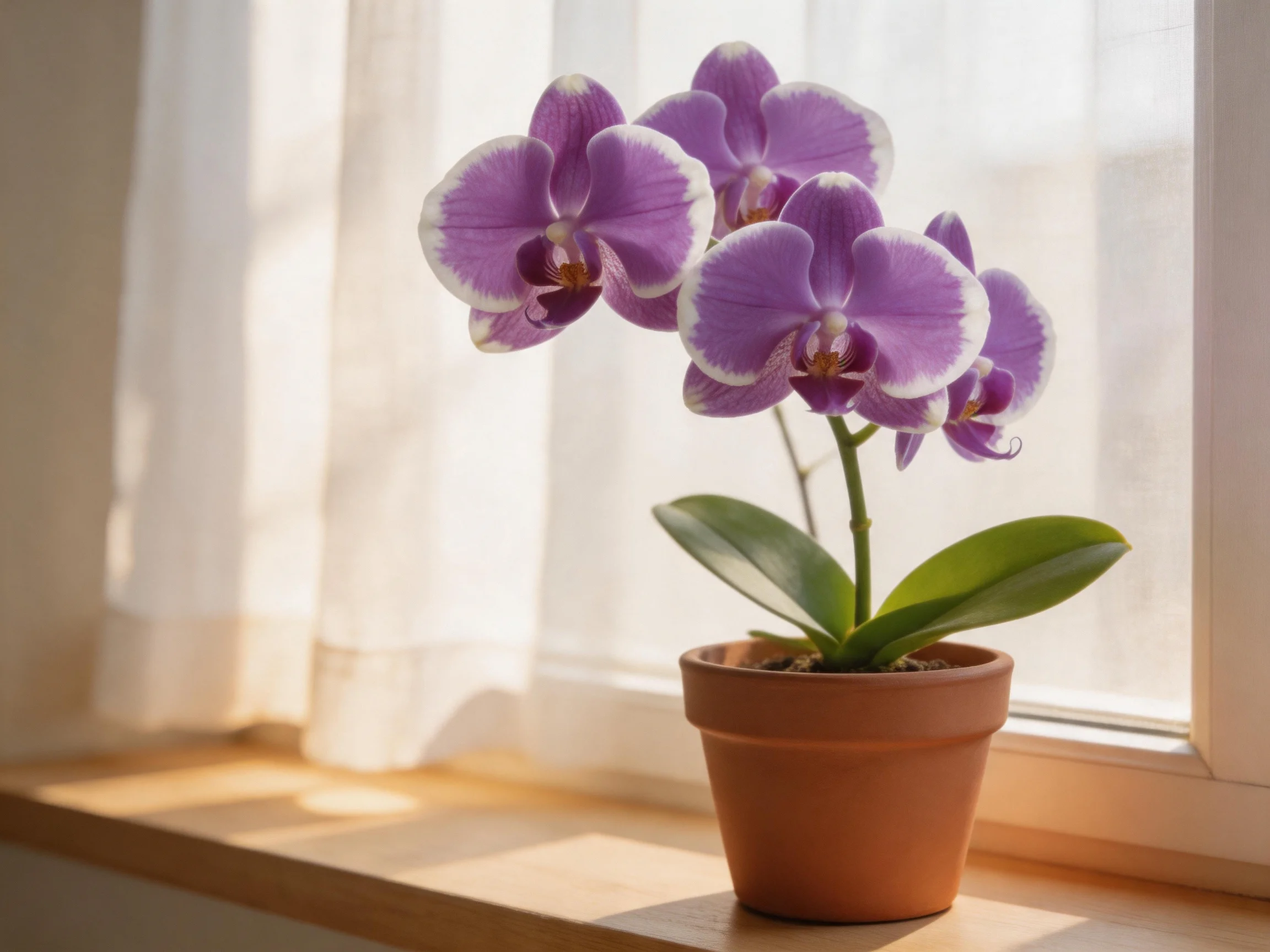 Purple orchid plant in a terracotta pot on a sunlit windowsill