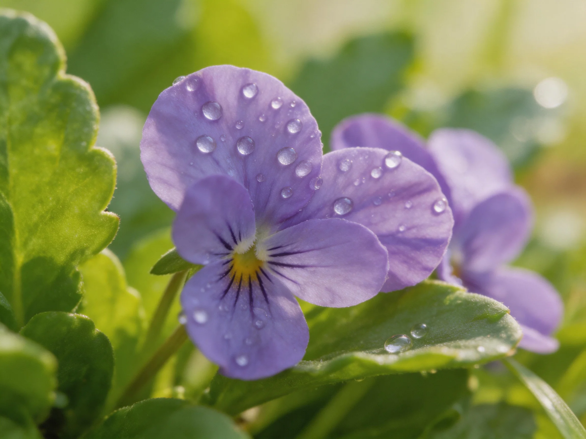 Purple pansy blooms with dewdrops amidst lush green foliage