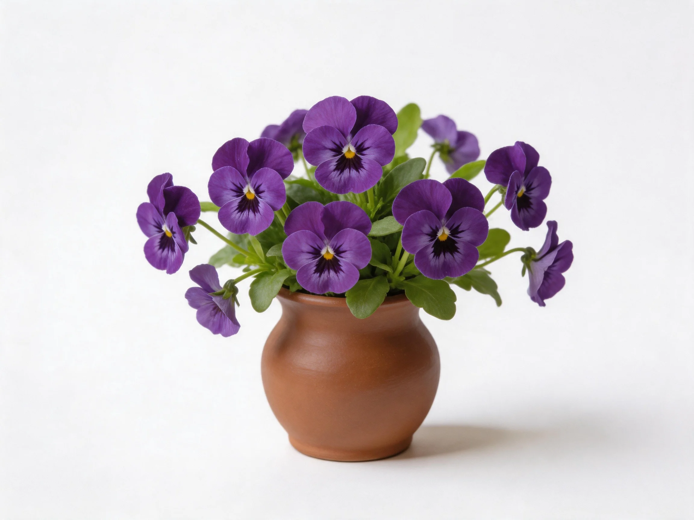 Purple pansy flowers arranged in a small brown ceramic vase