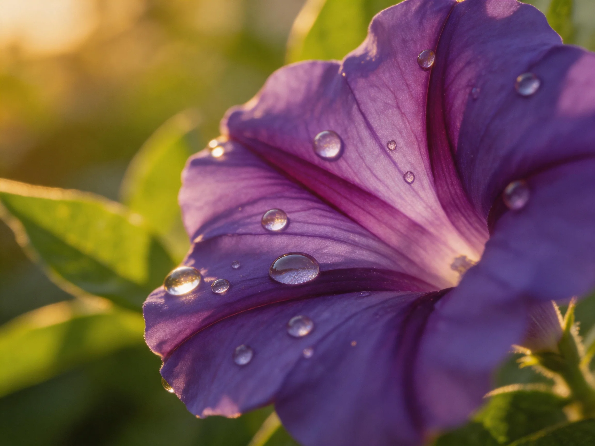 Purple petunia with glistening dewdrops amidst green foliage