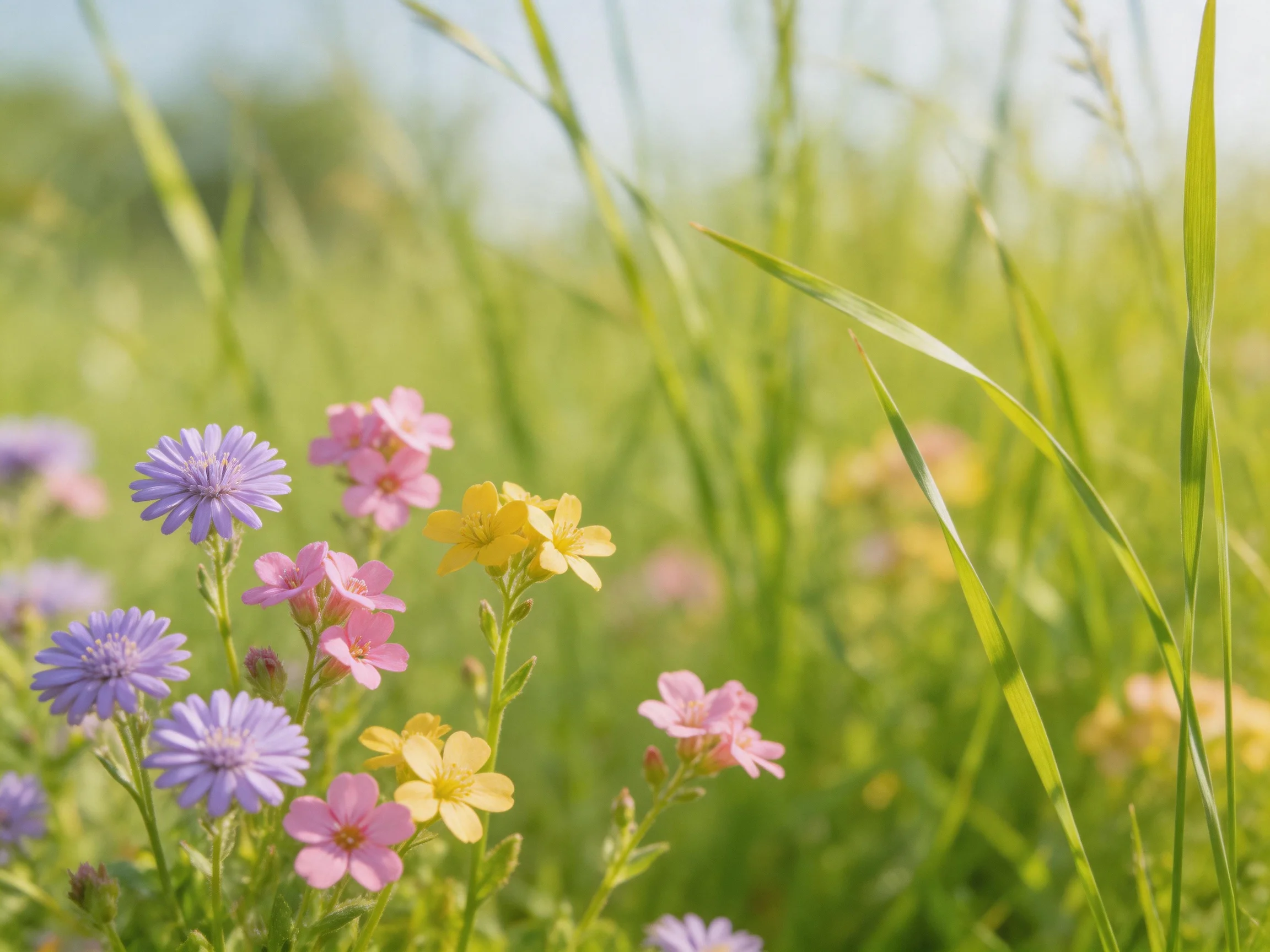 Purple, pink, and yellow wildflowers amid tall green grass in a sunny meadow