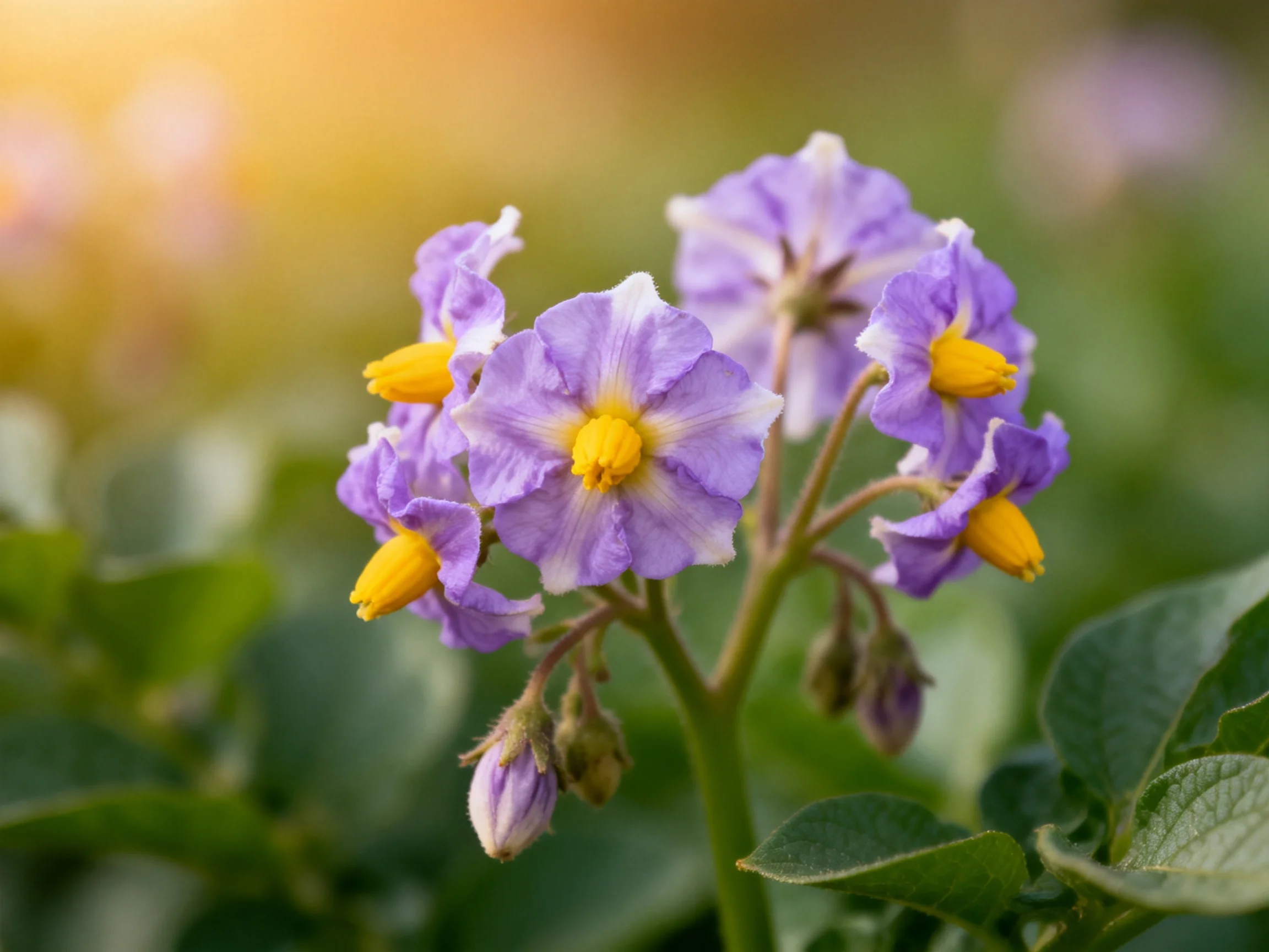 Purple potato blossoms with bright yellow centers amidst green foliage