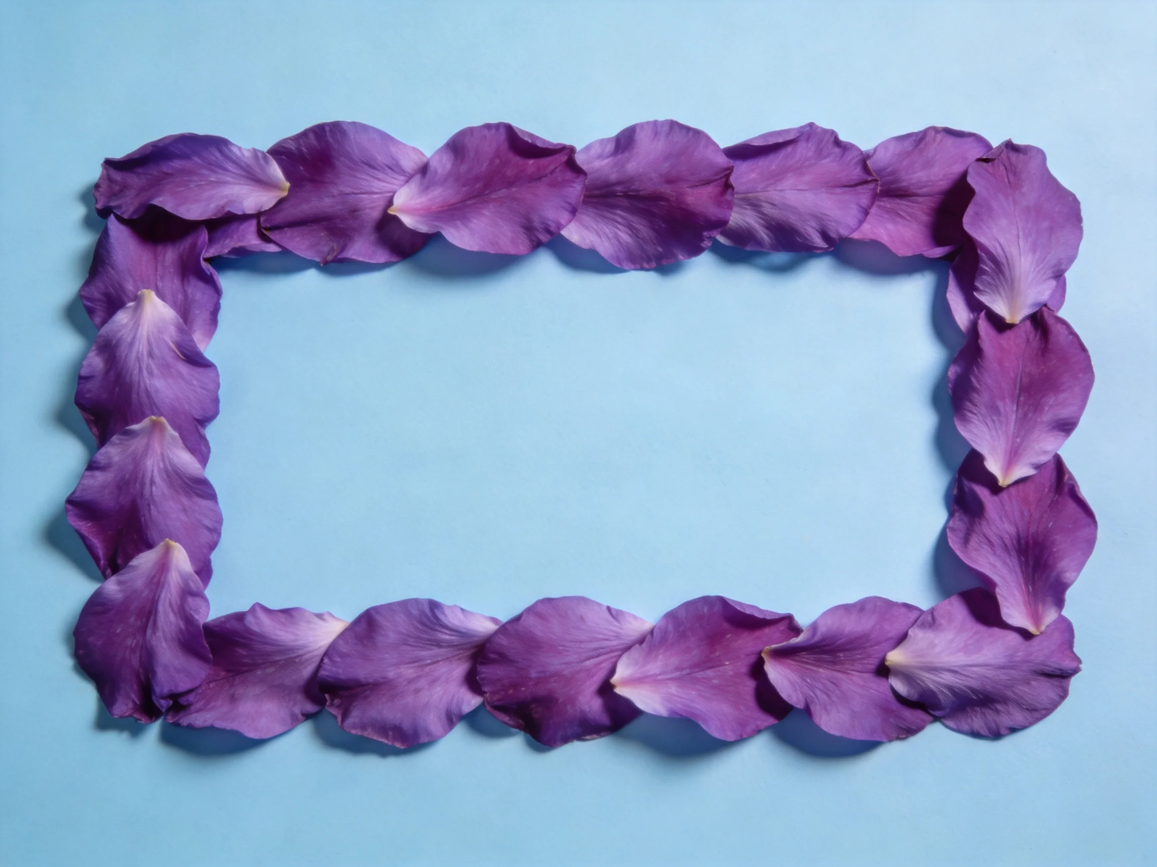 Purple rose petals form a rectangular frame on a light blue backdrop
