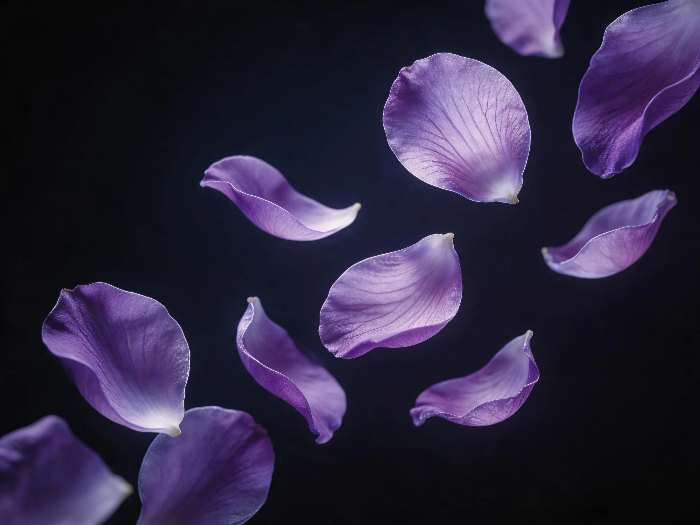 Purple rose petals scattered against a dark backdrop
