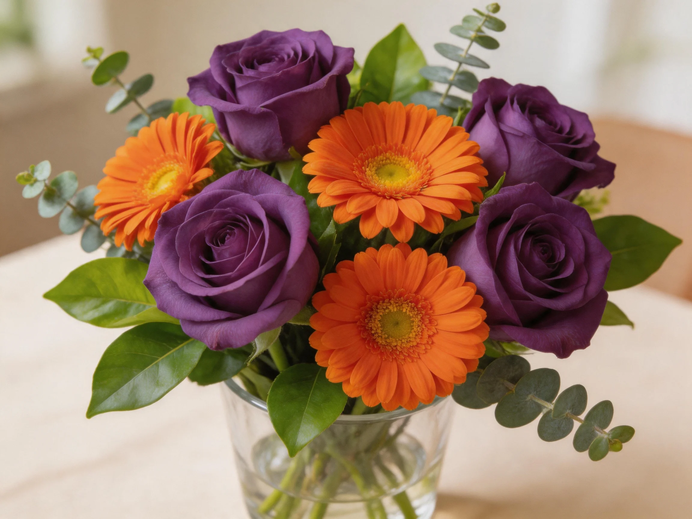 Purple roses and orange gerbera daisies arranged in a glass vase with greenery