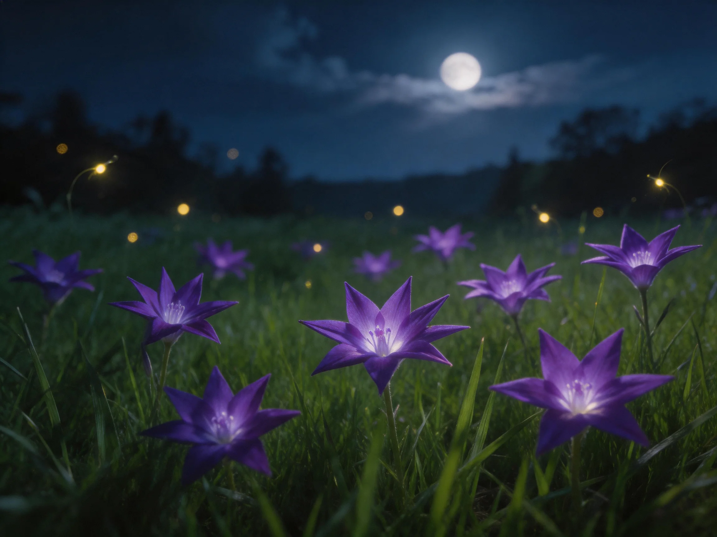 Purple star-shaped flowers bloom in a moonlit meadow with glowing fireflies