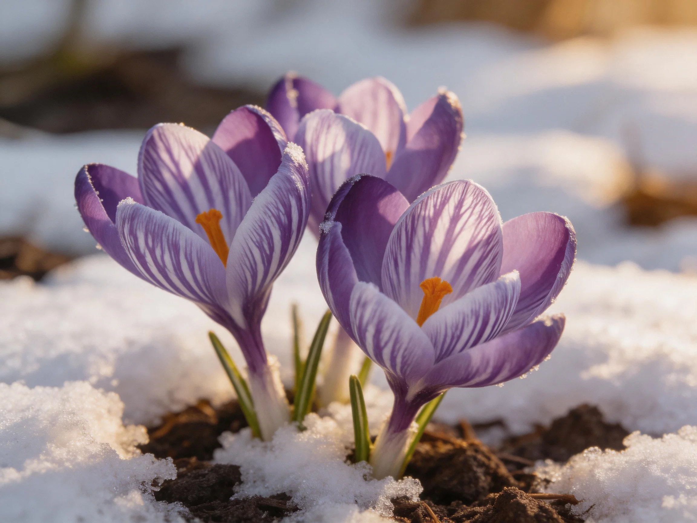 Purple striped crocuses bloom amid melting winter snow