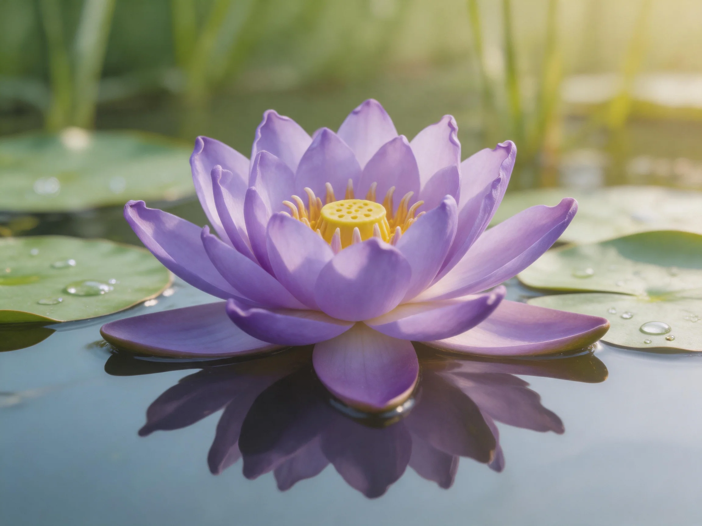 Purple water lily with yellow center floating among green lily pads on calm water