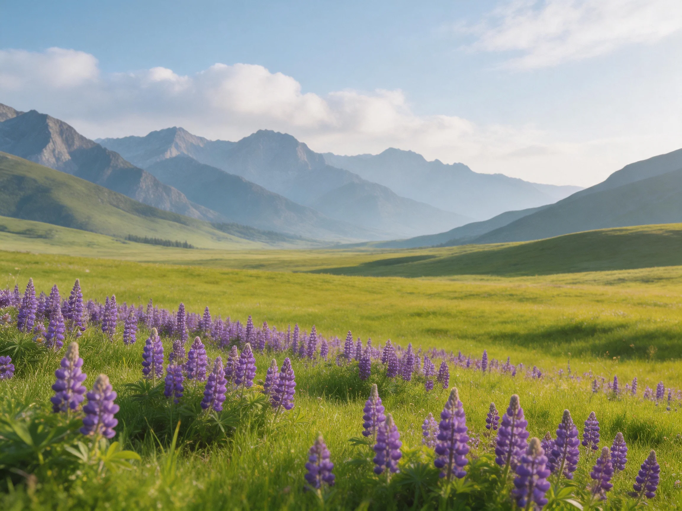 Purple wildflowers blanket a verdant valley with misty mountain backdrop.