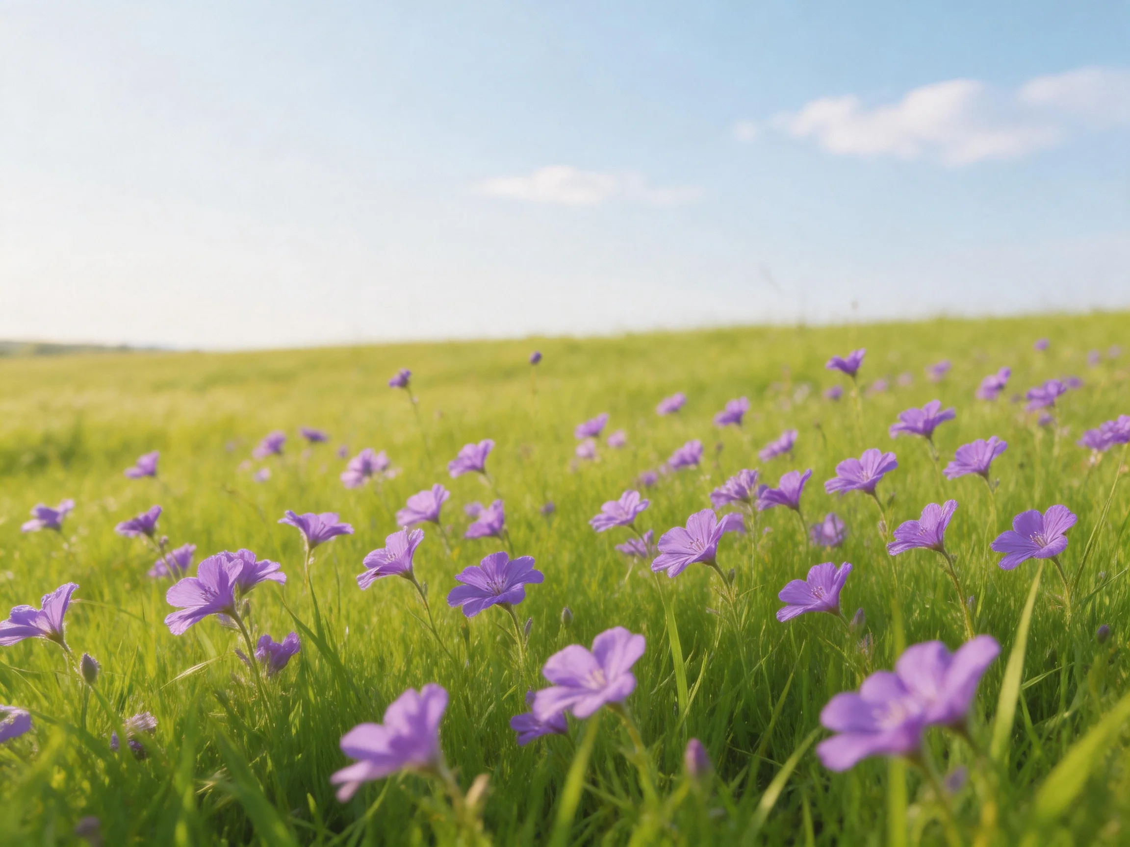 Purple wildflowers bloom abundantly in a lush green meadow under bright blue skies