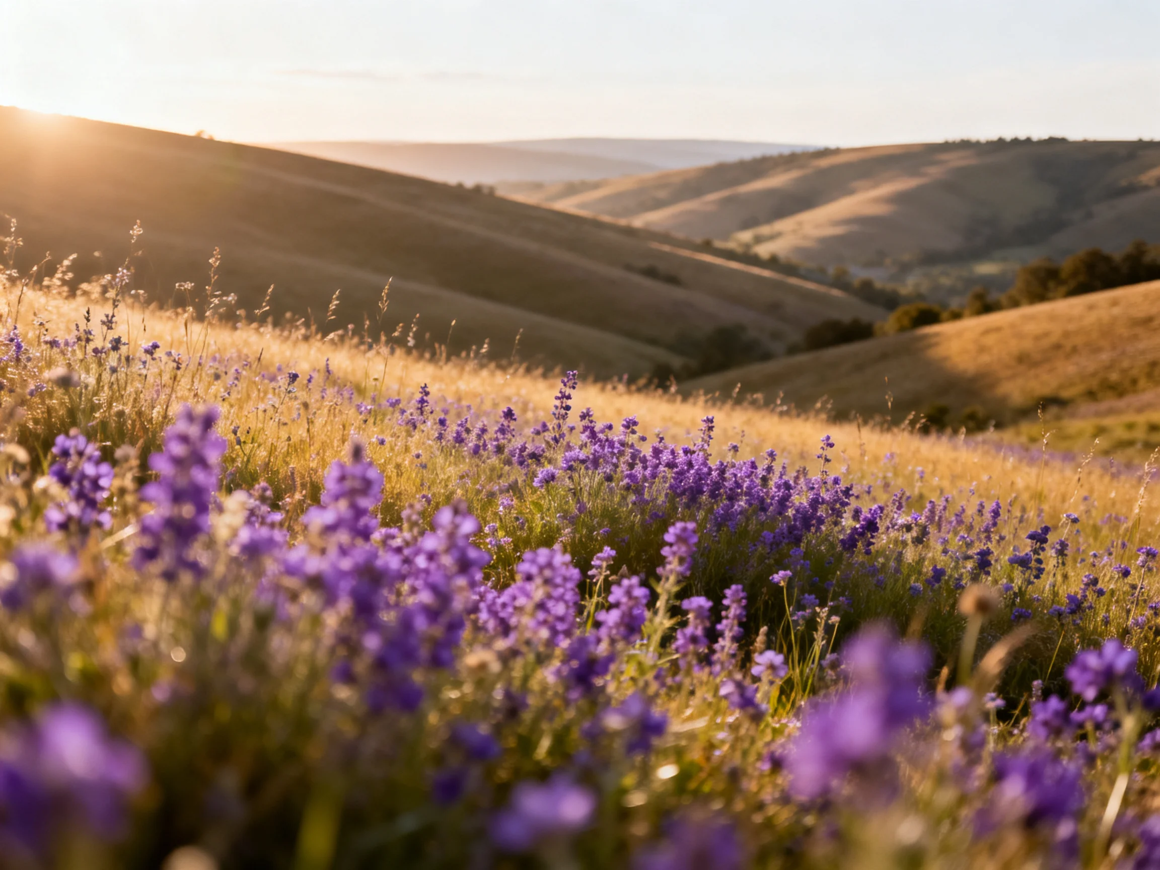 Purple wildflowers bloom among golden rolling hills at sunset