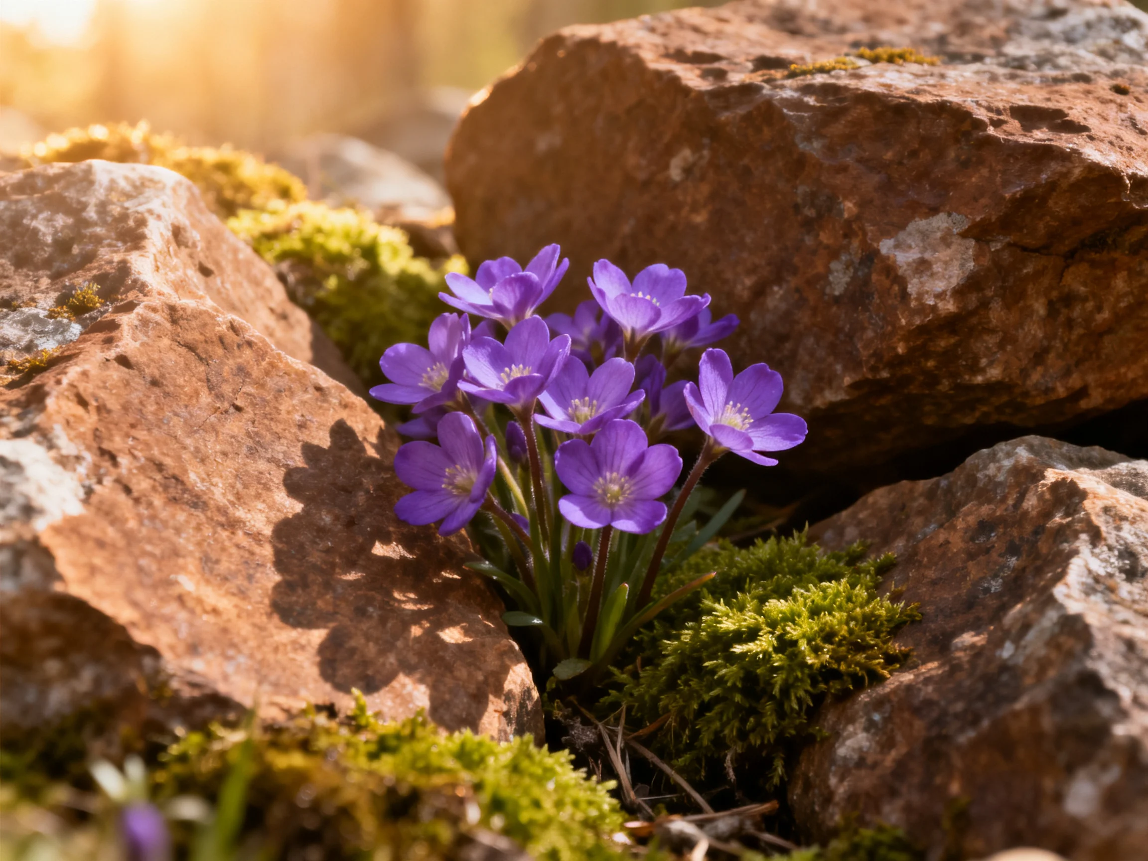 Purple wildflowers bloom among large brownrocks and green moss