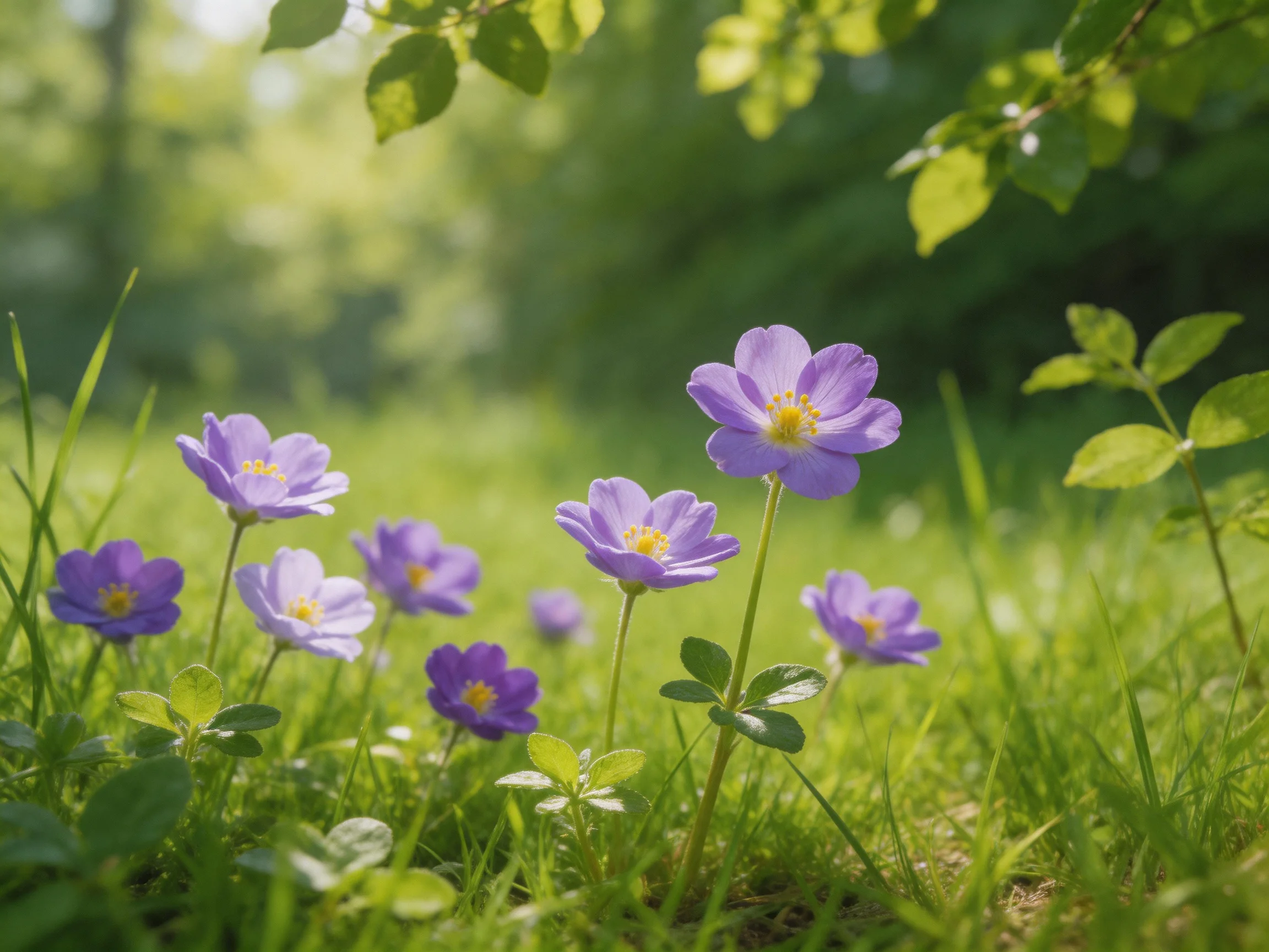 Purple wildflowers bloom among lush green grass in a sun-dappled forest glade.