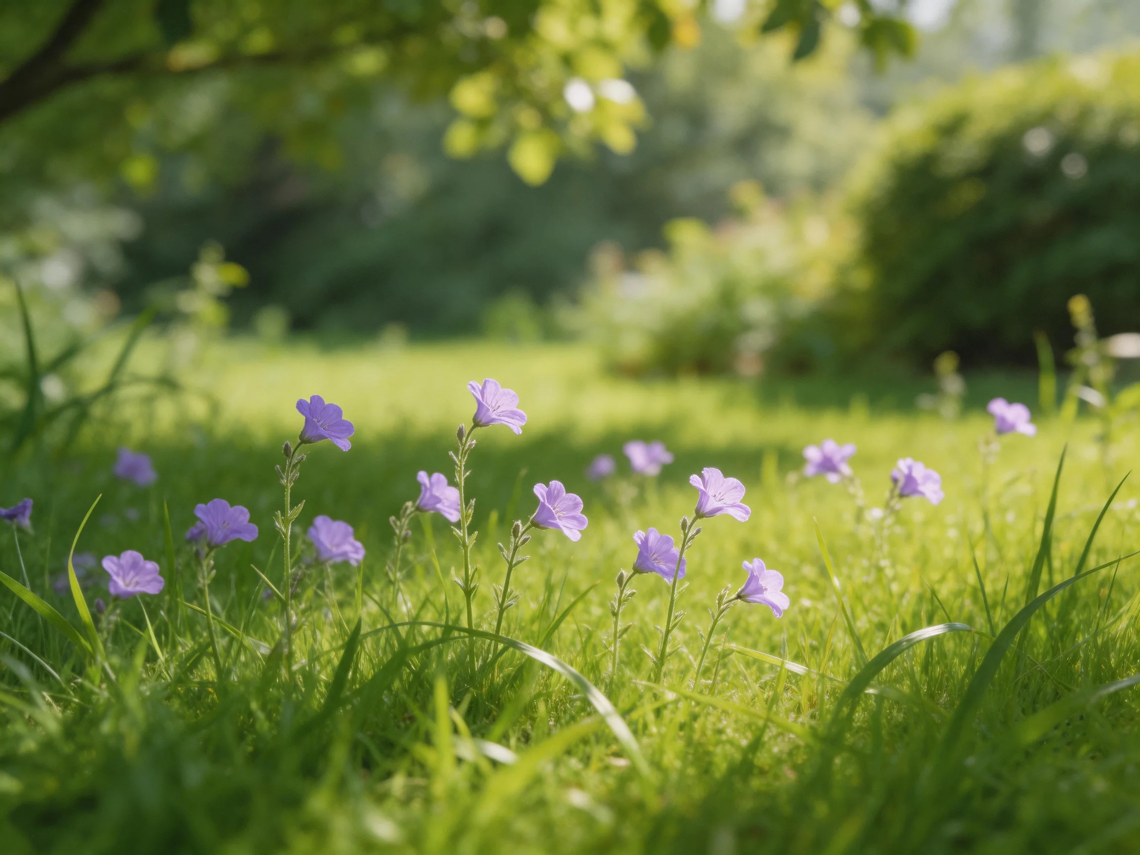 Purple wildflowers bloom among lush green grass in a sunlit garden