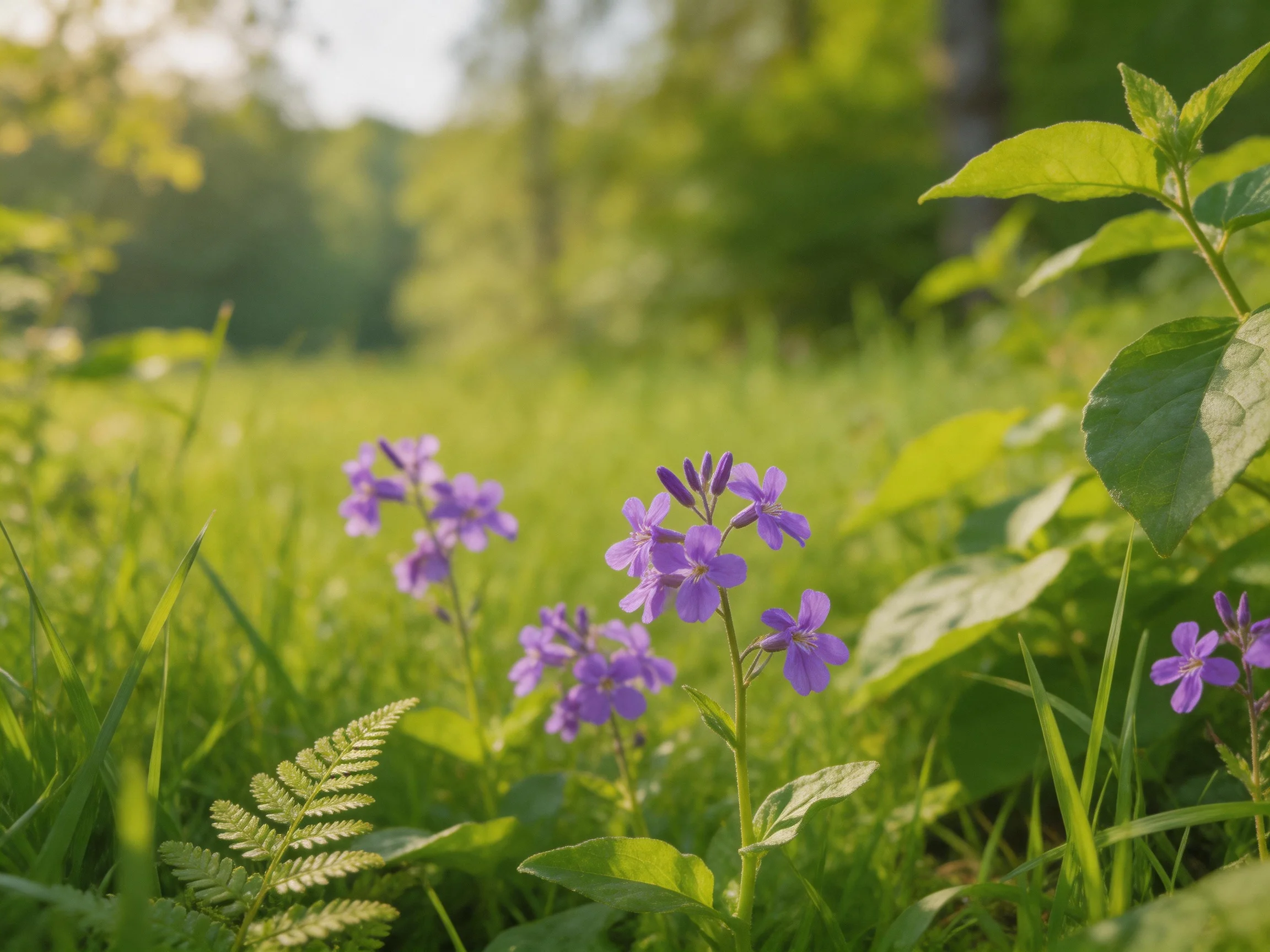 Purple wildflowers bloom among lush greenery in a sunlit meadow