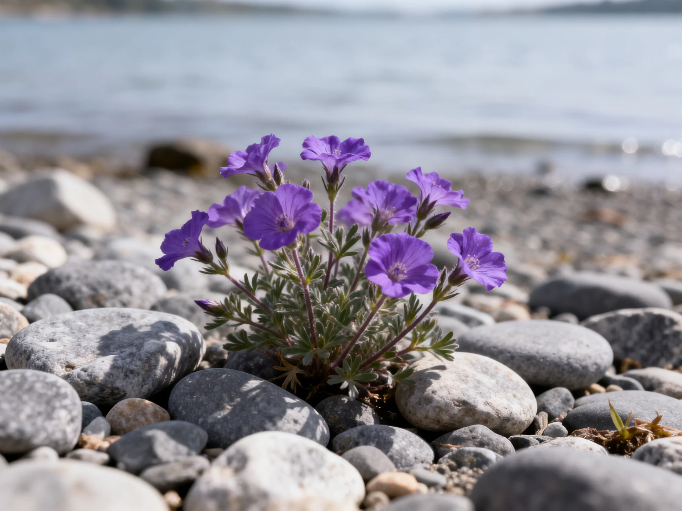 Purple wildflowers bloom among smooth gray pebbles near a calm shoreline