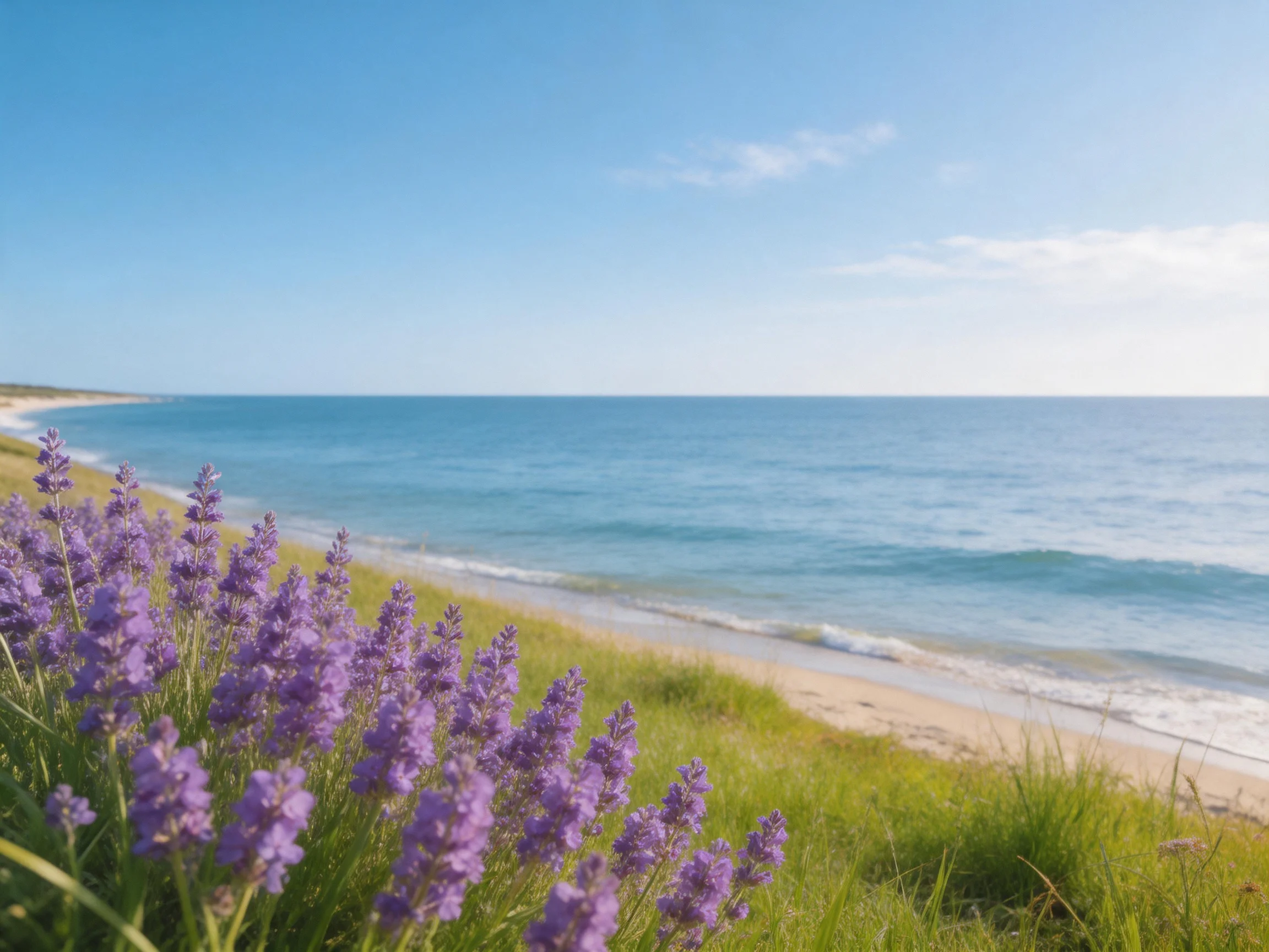 Purple wildflowers bloom near a sandy beach with calm blue waters
