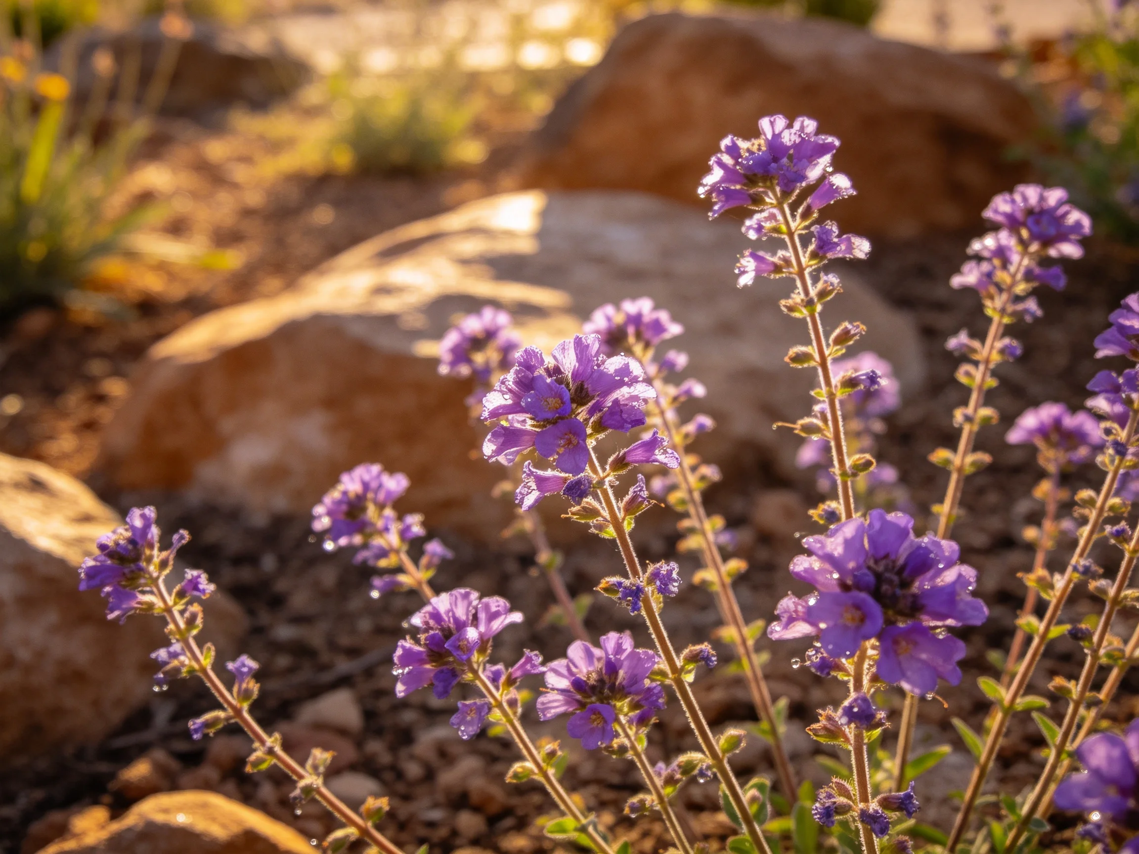 Purple wildflowers bloom near large brown rocks in golden sunlight