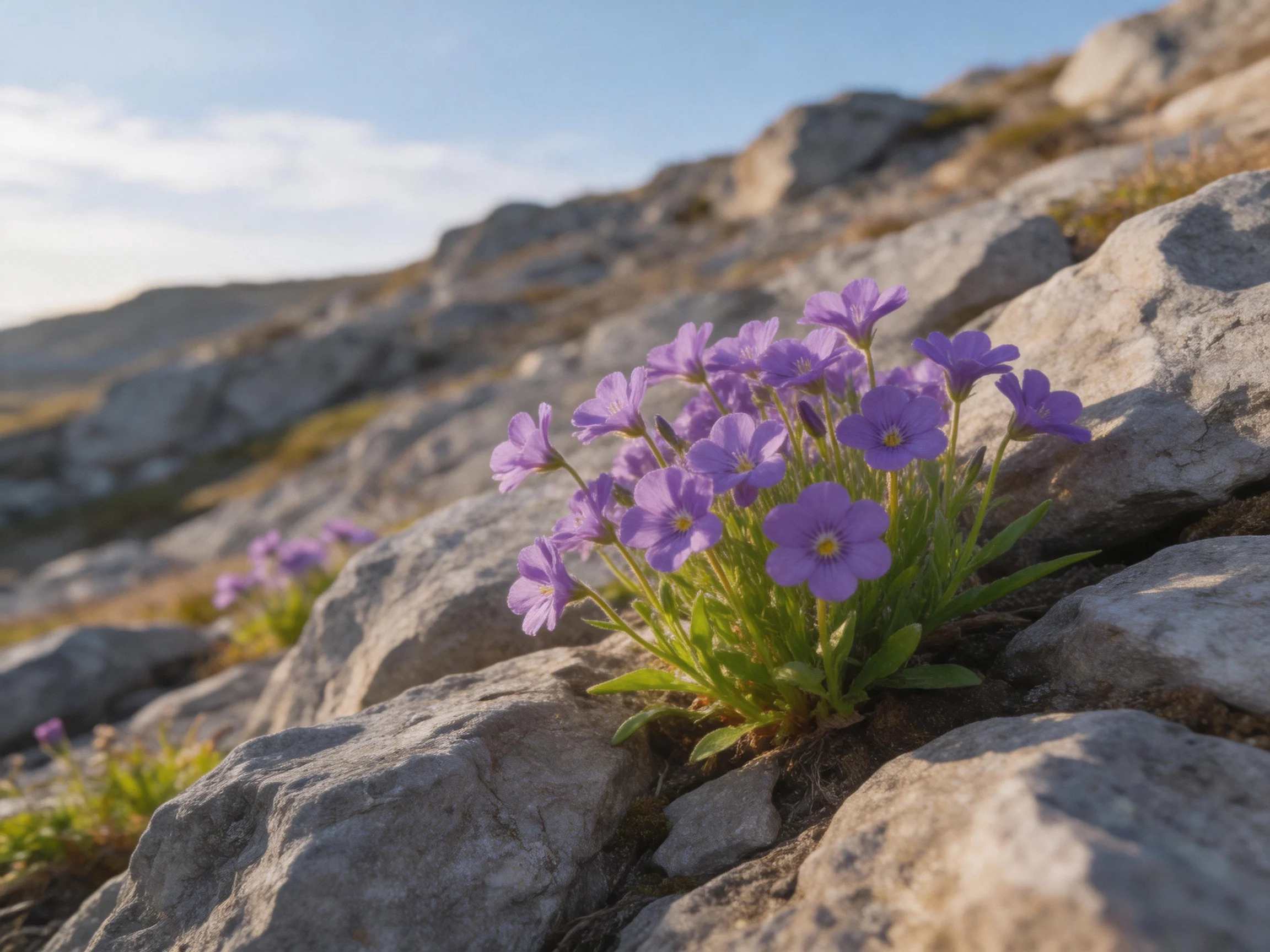 Purple wildflowers grow between large gray rocks in a rocky landscape