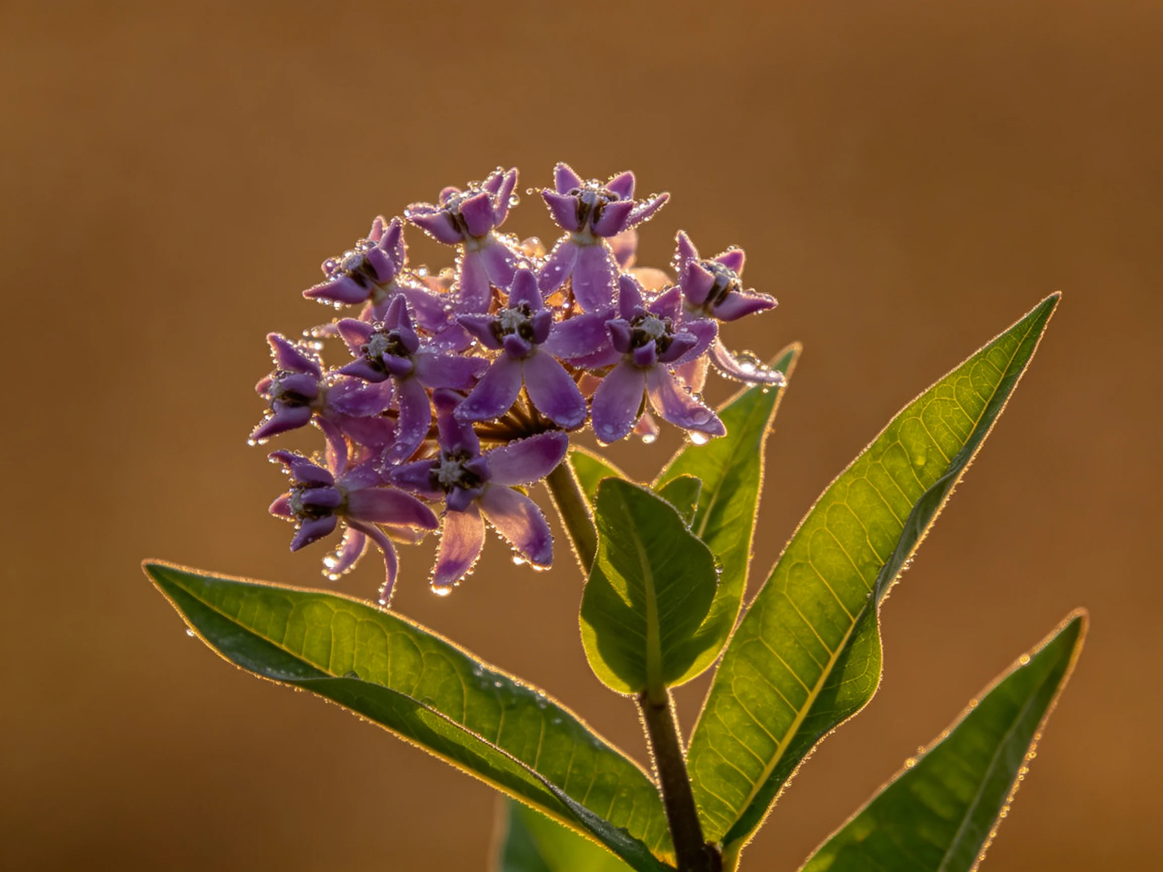Purple wildflowers with dewdrops and vibrant green leaves under warm light