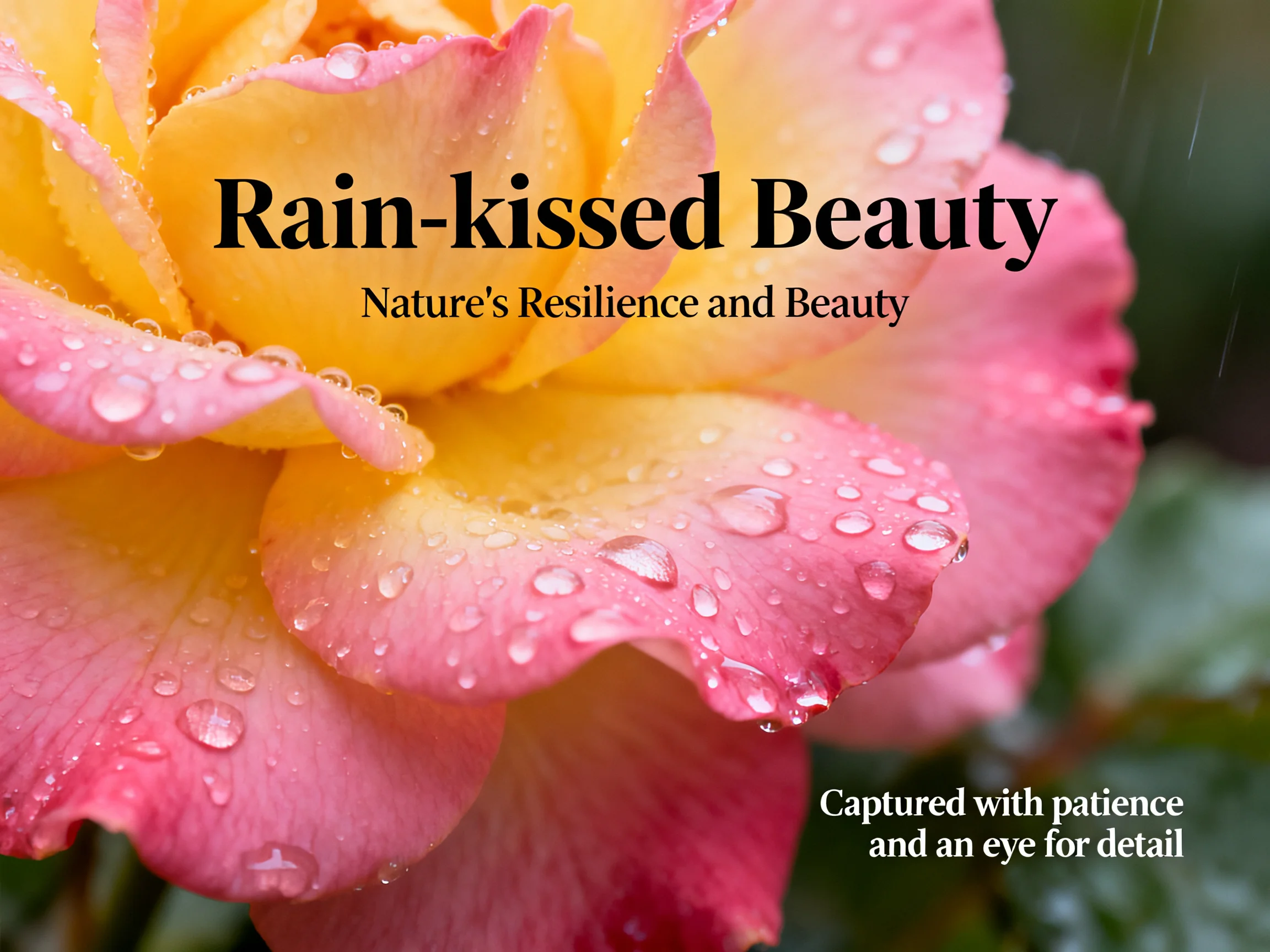 Rain-draped rose with pink and yellow petals, glistening droplets