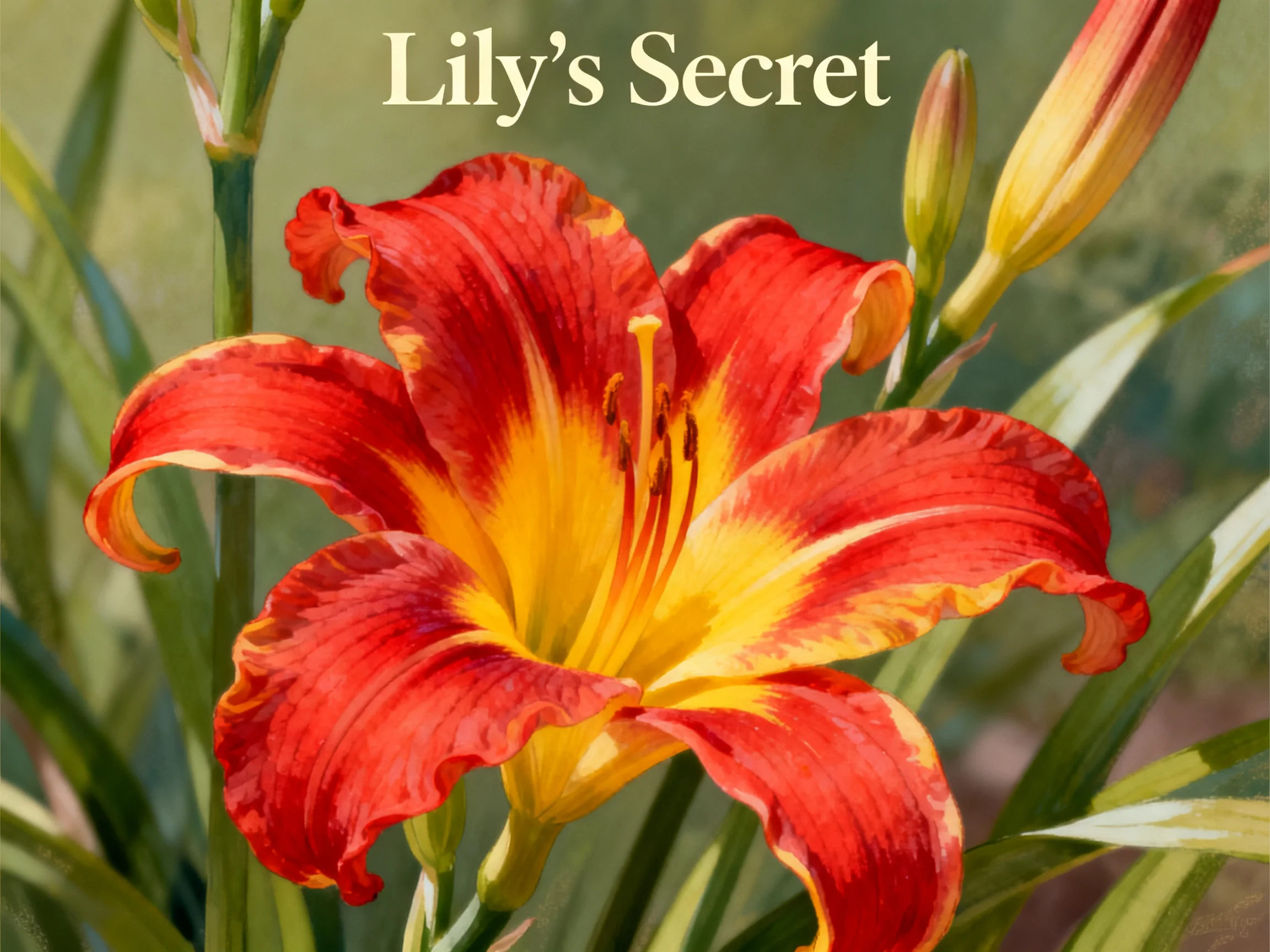 Red and yellow daylily amidst green plant stems