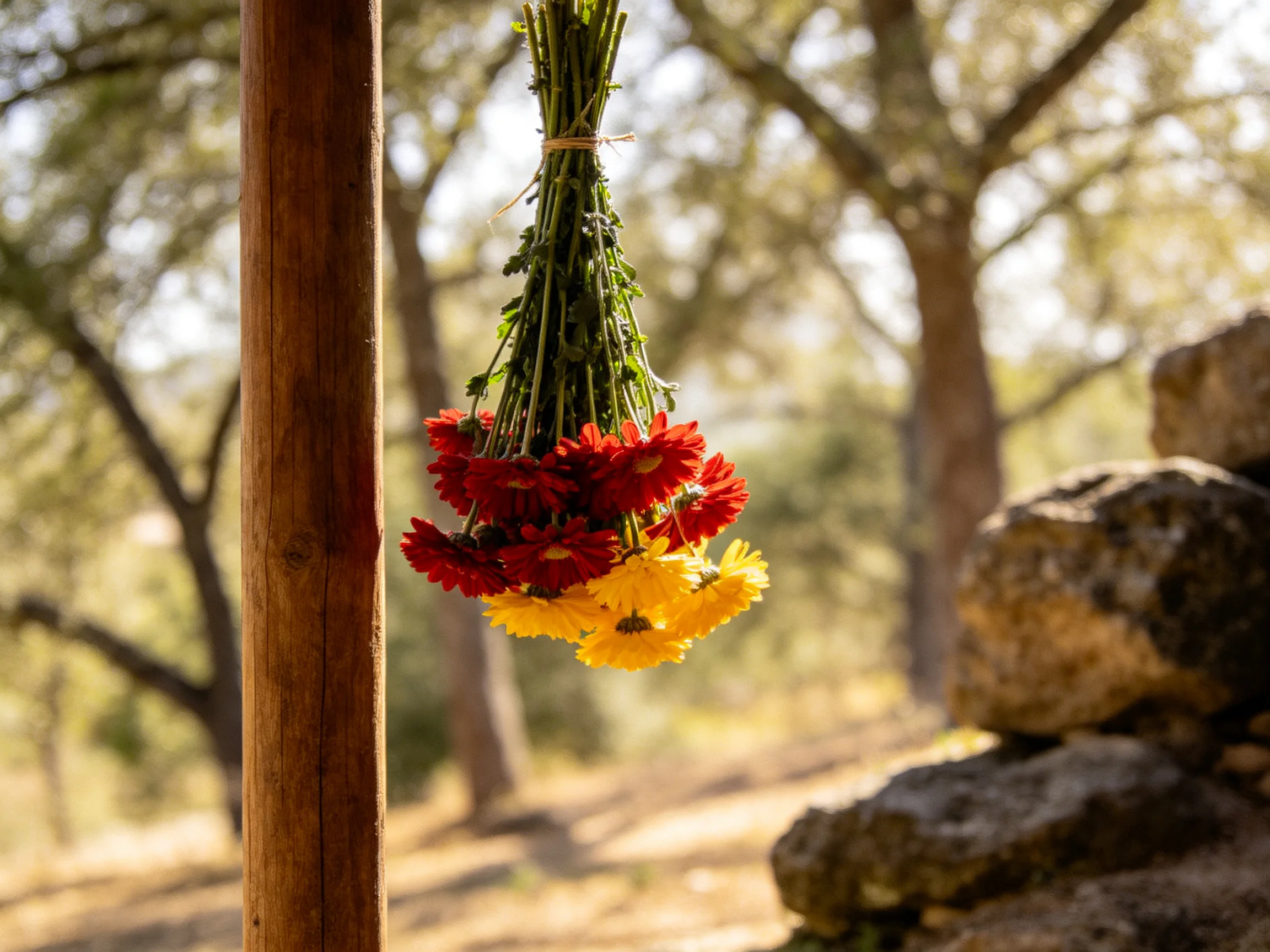 Colorful flower bundles hang near a wooden post in an sunlit outdoor space.