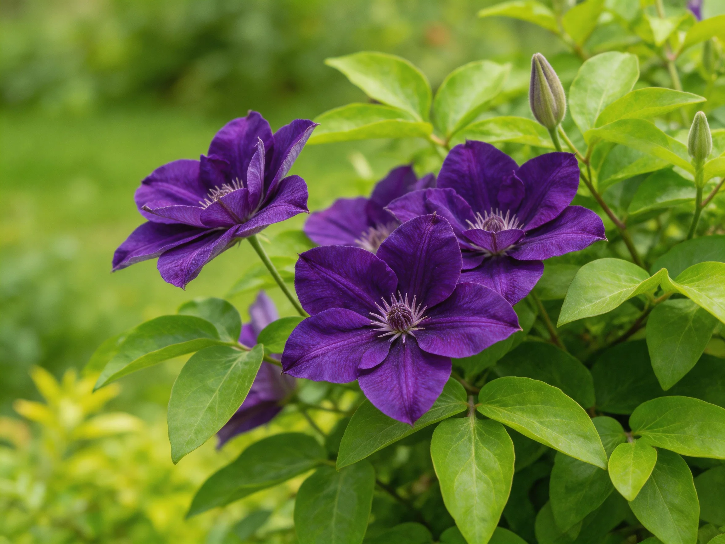 Rich Purple Clematis Flowers Amidst Dense Green Foliage