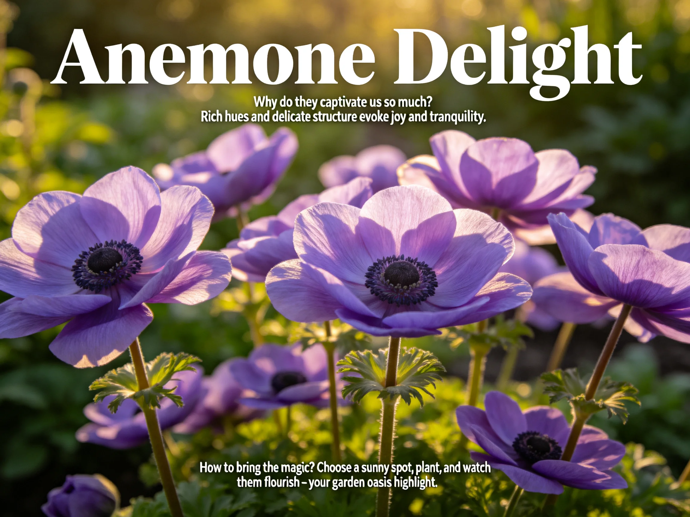 Rich purple anemones bloom in sunlit garden