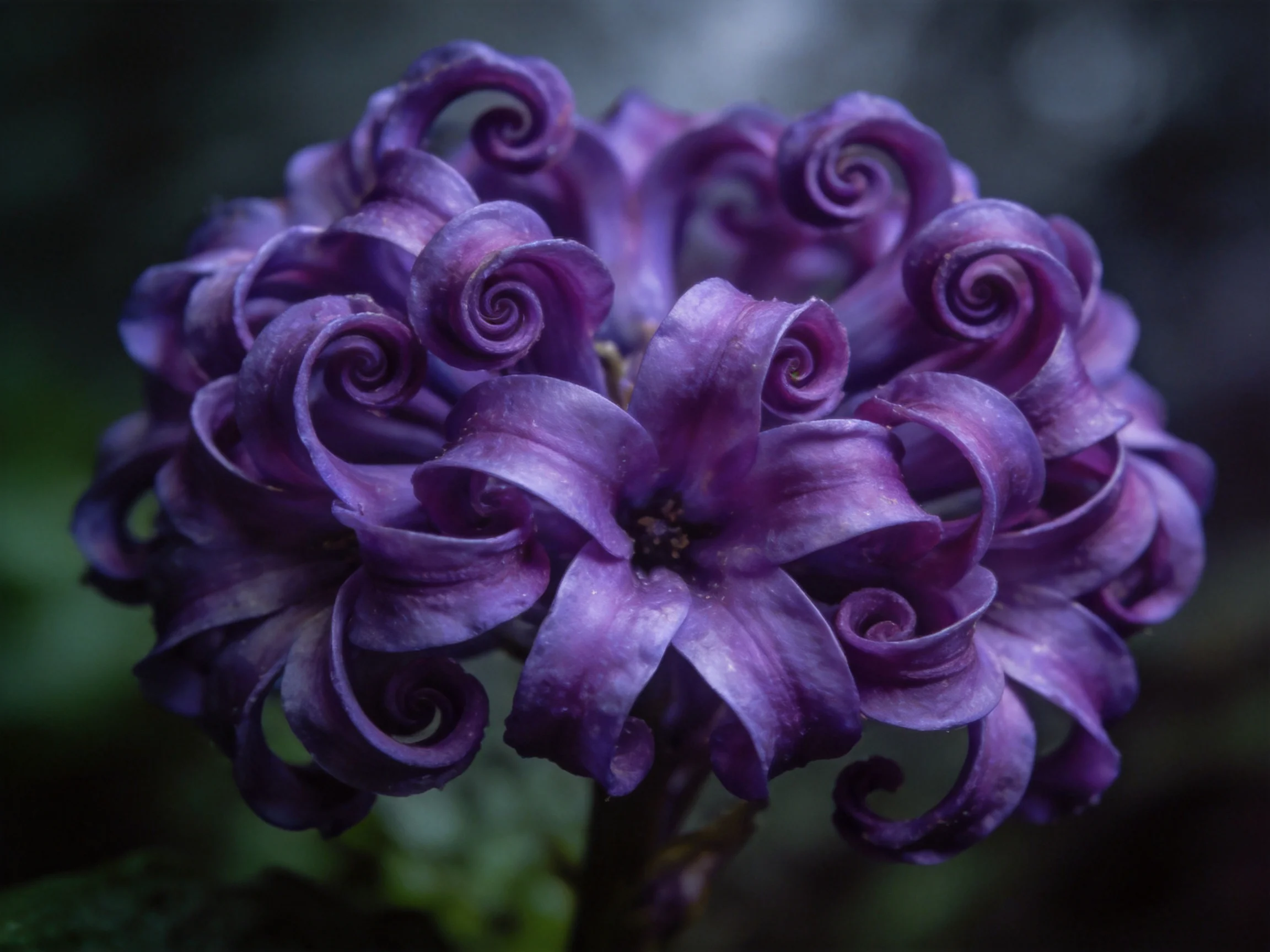 Rich purple hyacinth blooms with spiraled petals
