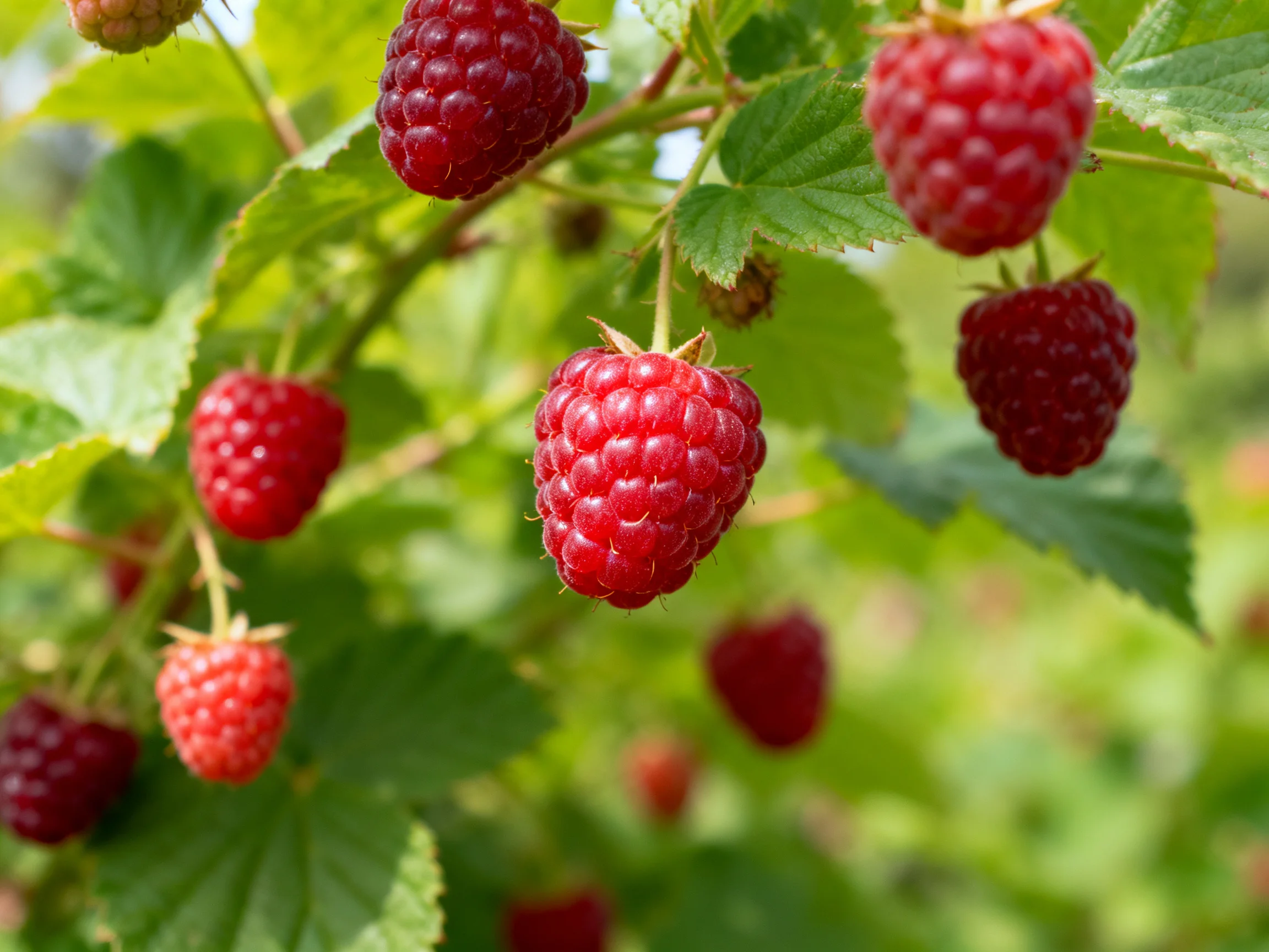 Ripe raspberries in red and dark red hues grow among lush green leaves