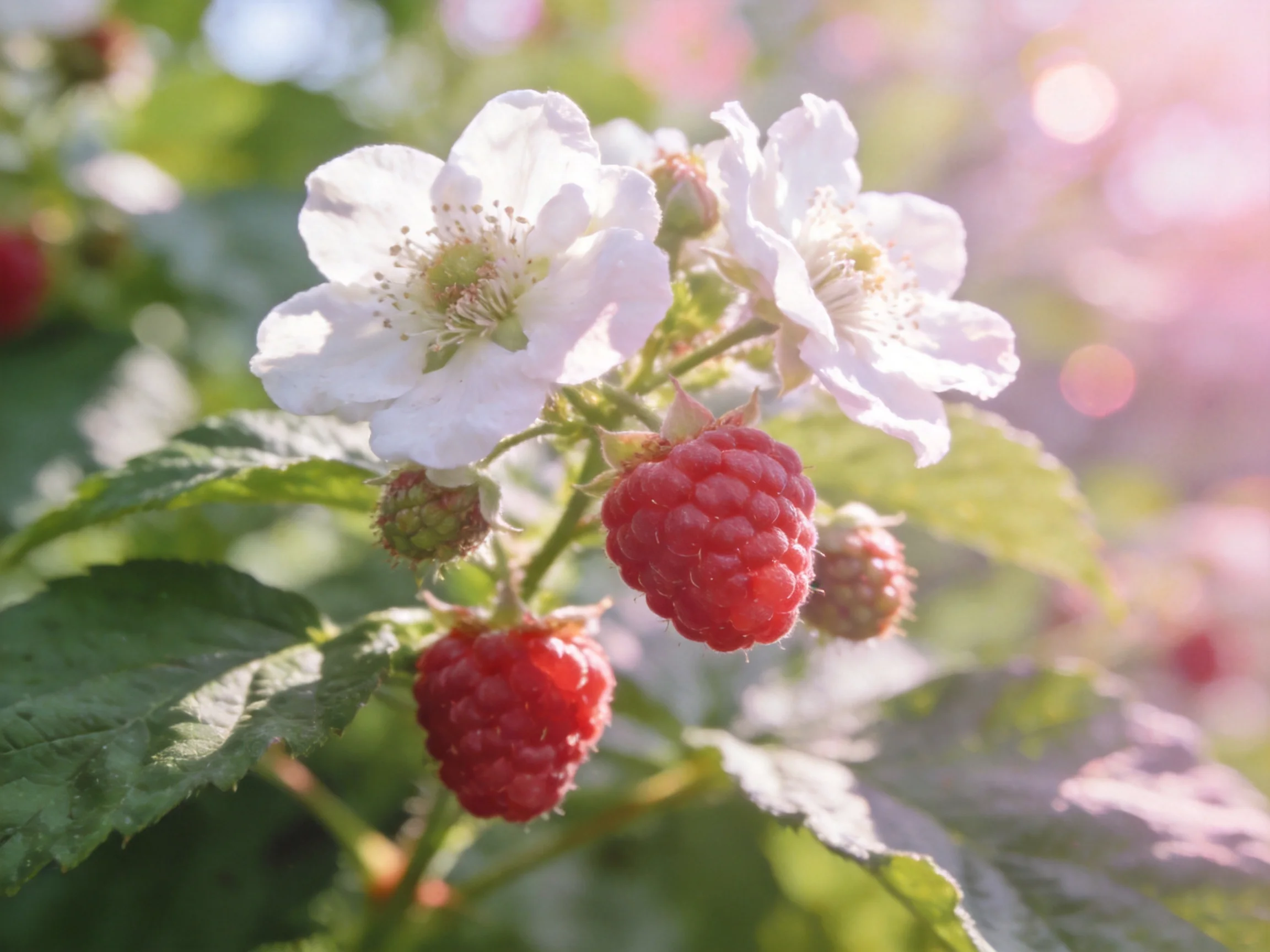 Ripe red raspberries near delicate white blooms on leafy branches