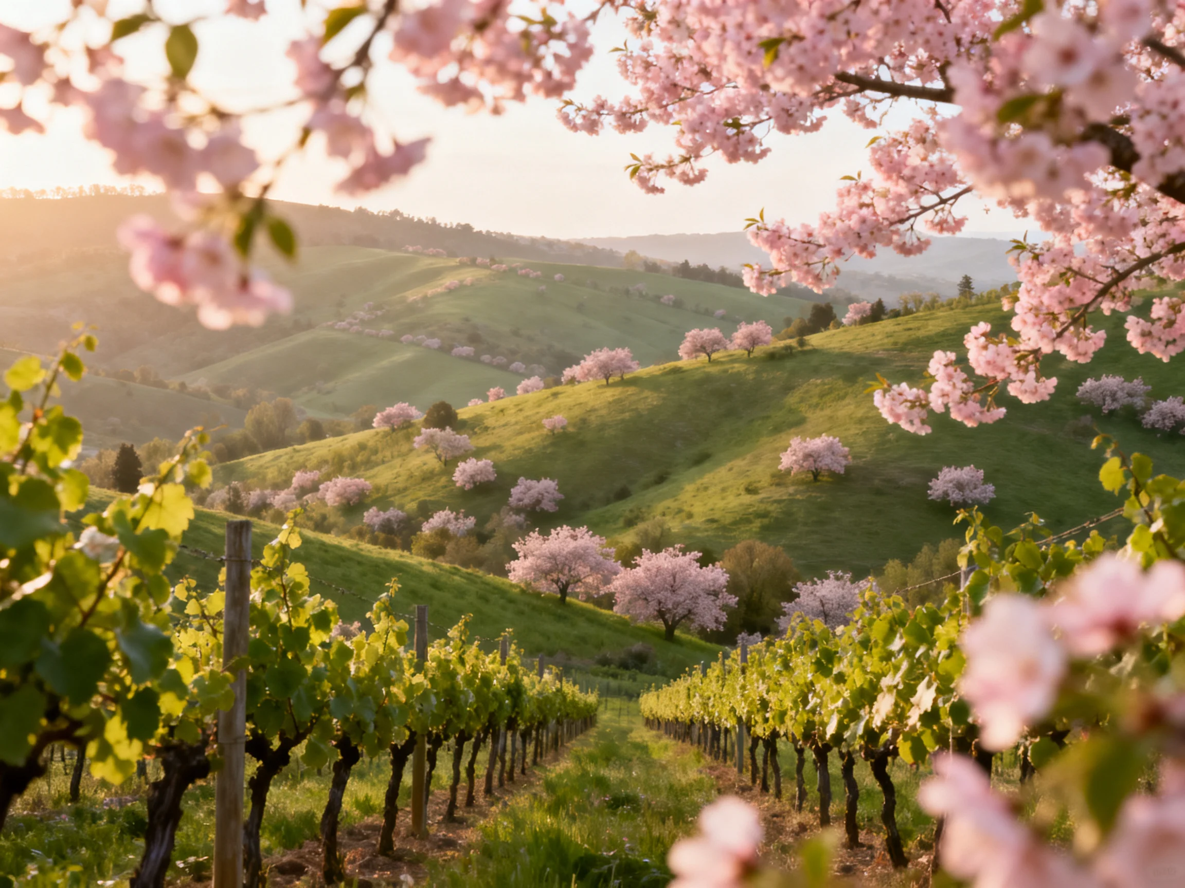 Rolling hills with cherry blossom trees and vineyard rows