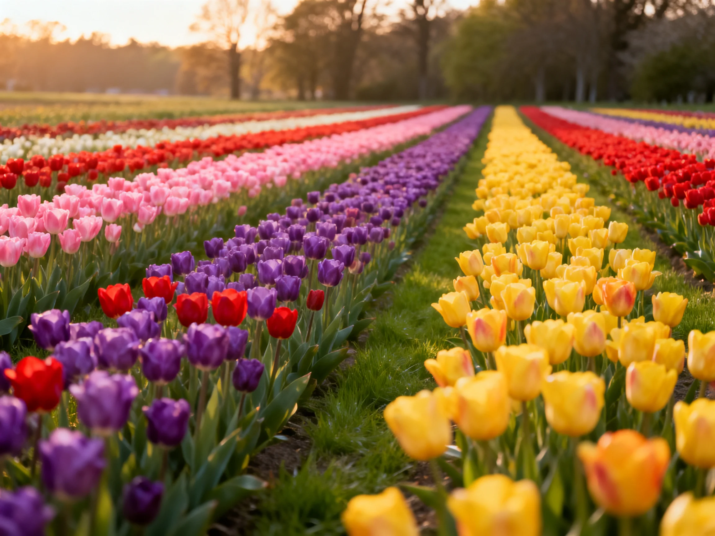 Rows of colorful tulips in multiple vibrant hues
