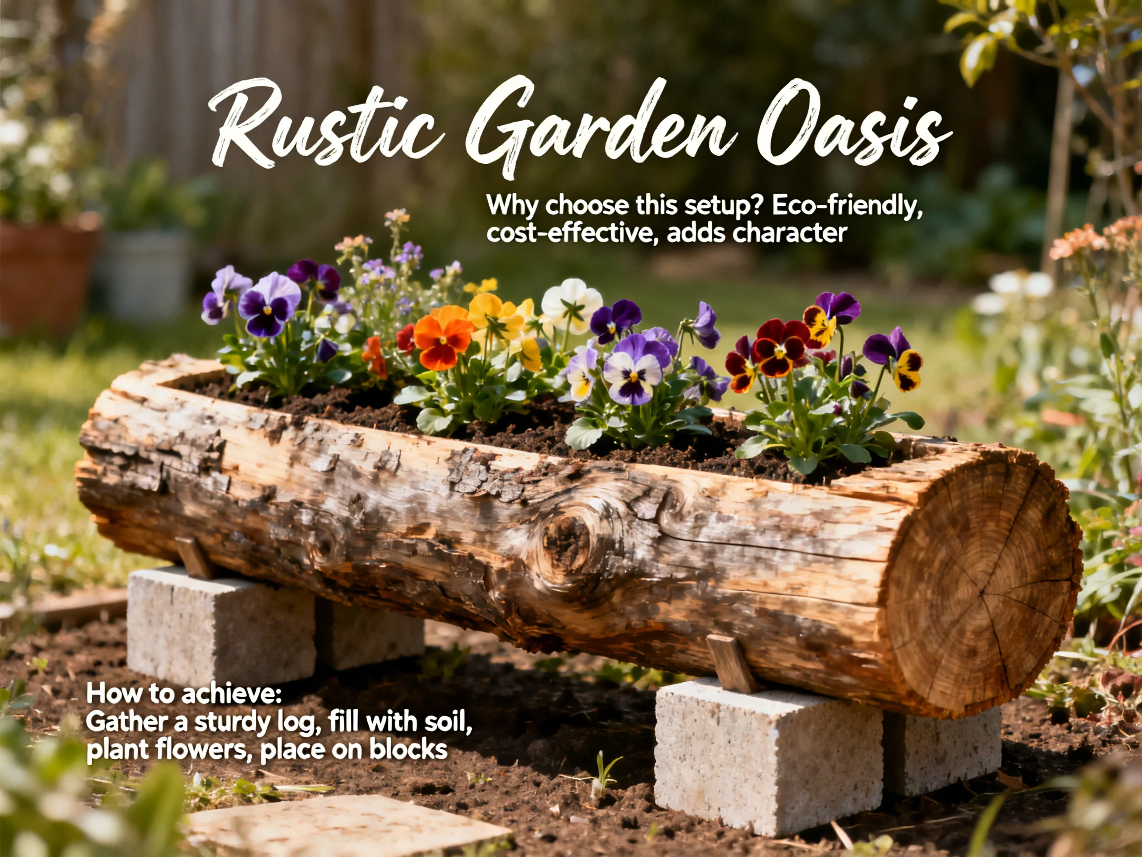 Rustic Log Planter with Colorful Flower Display