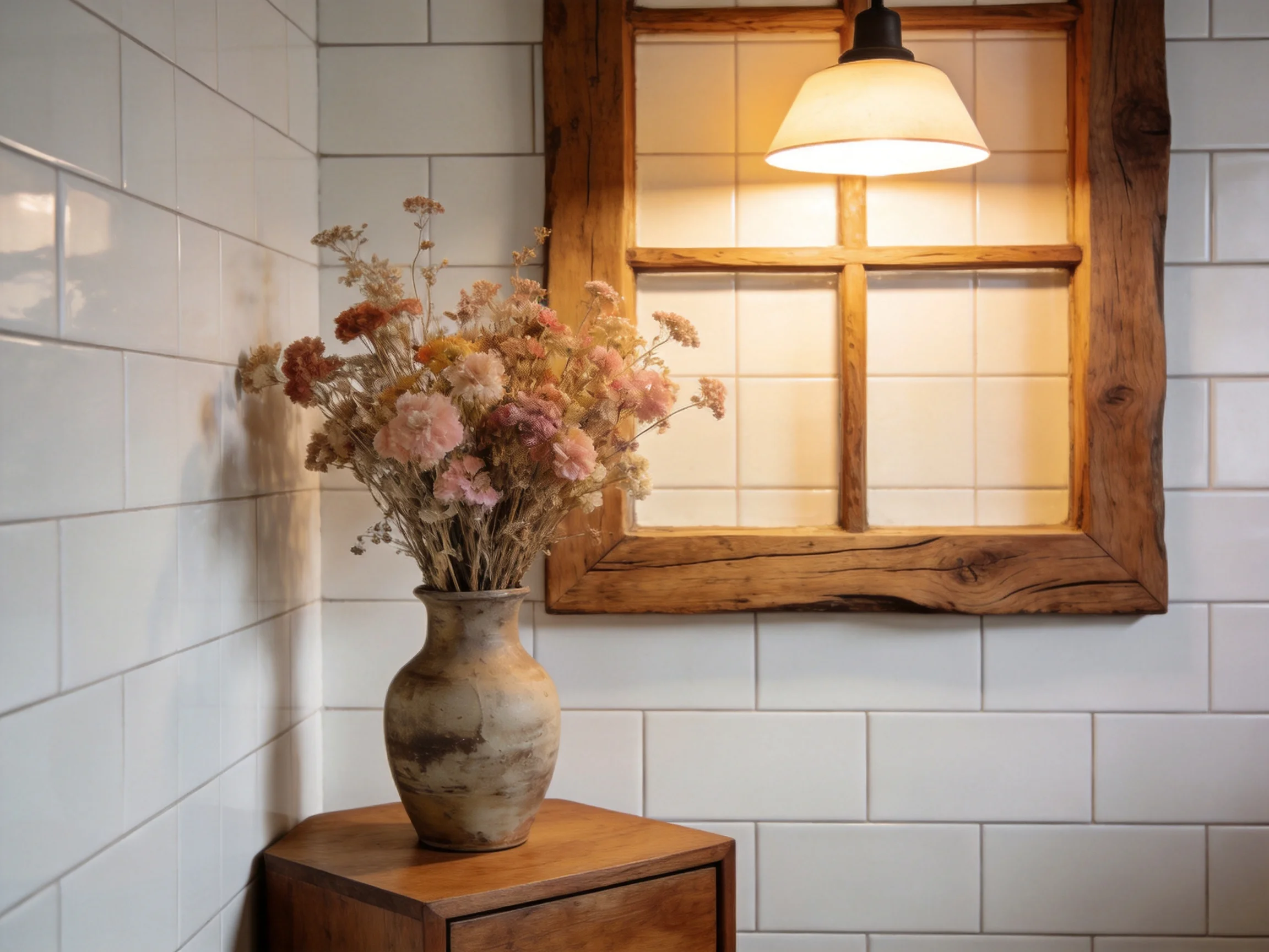 Rustic wooden-framed window, white tiled walls, and a vase with pastel flowers