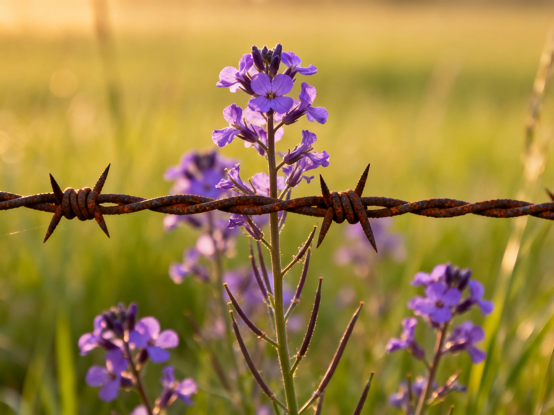 Rusty barbed wire crosses vibrant purple wildflowers in sunlit field